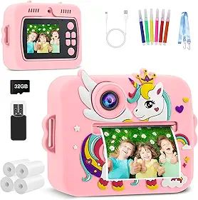 Câmera Infantil, Portátil Digital, Pode Selfie com 32GB Cartão, Papel Fotográfico, Canetas Coloridas, Vídeo HD, Brinquedos Meninas Meninos com Crianças de 3 a 14 Anos （Rosa）