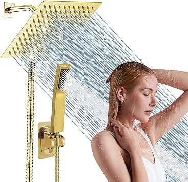 Gold High Pressure Square Rain Shower Head And All Metal Handheld Shower, Equipped With 78"Hose, 3 Way Diverter Valve,Adhesive Shower Head Holder, Luxury Shower Combo