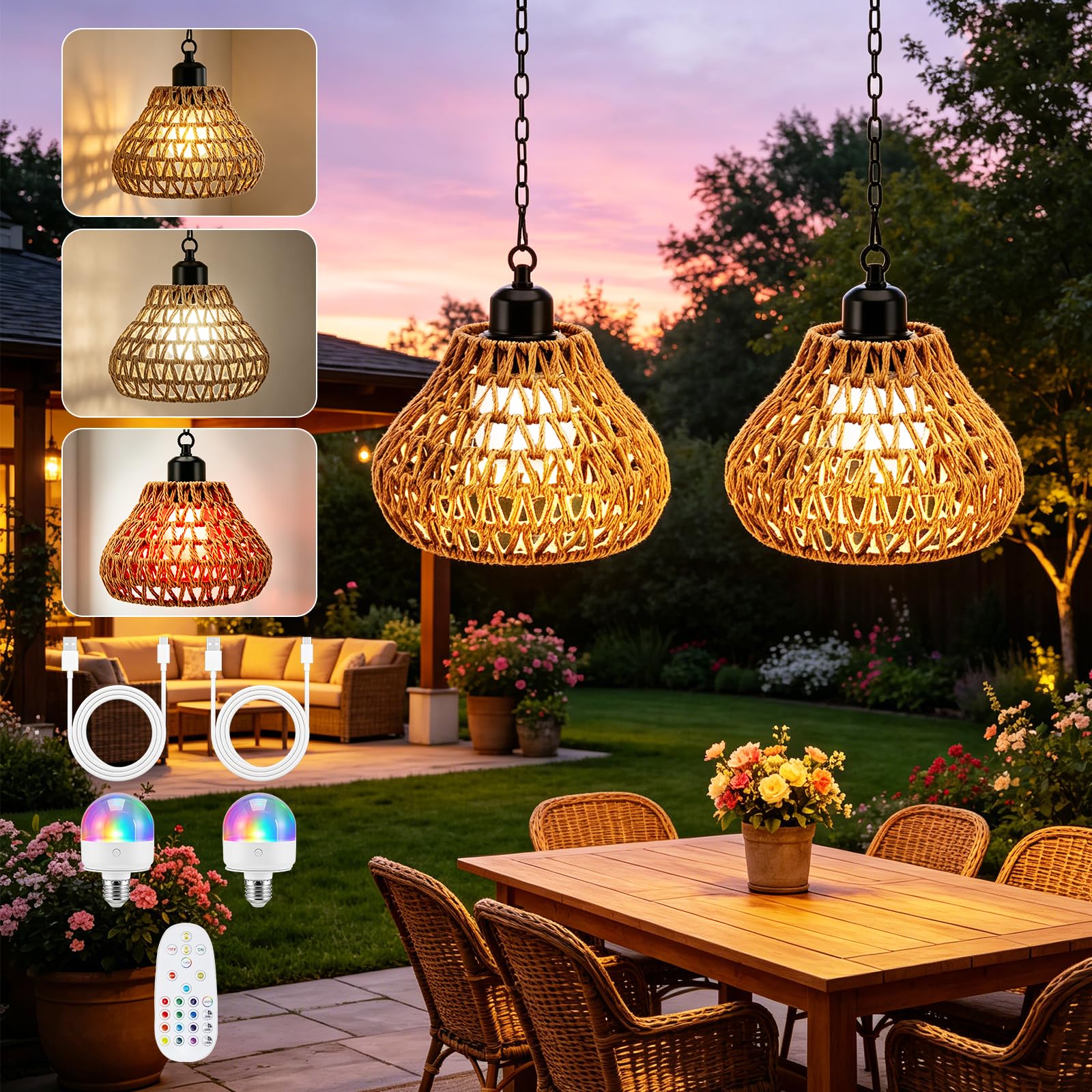 2 Stück hängelampe outdoor mit Fernbedienung, Boho Batteriebetriebene Lampe Hängeleuchte Ohne, IP65 Hängeleuchte Boho Rattan, Tragbare für Innen Außen Garten Terrassen Schlafzimmer Esstisch