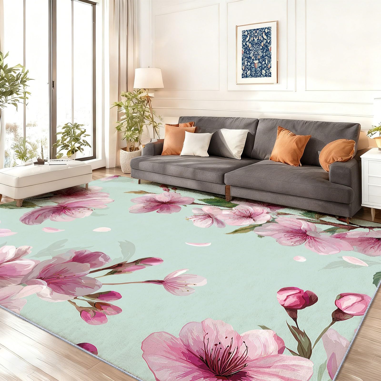 Tapis salon moderne 160 x 230 cm fleurs de cerisier lavable
