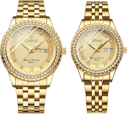 JewelryWe Couple Gold Quartz Watch Business Analog Full Diamond Day Date 3ATM Waterproof Luminous Hands Stainless Steel Removable Strap Casual Wrist Watch for Fathers Day