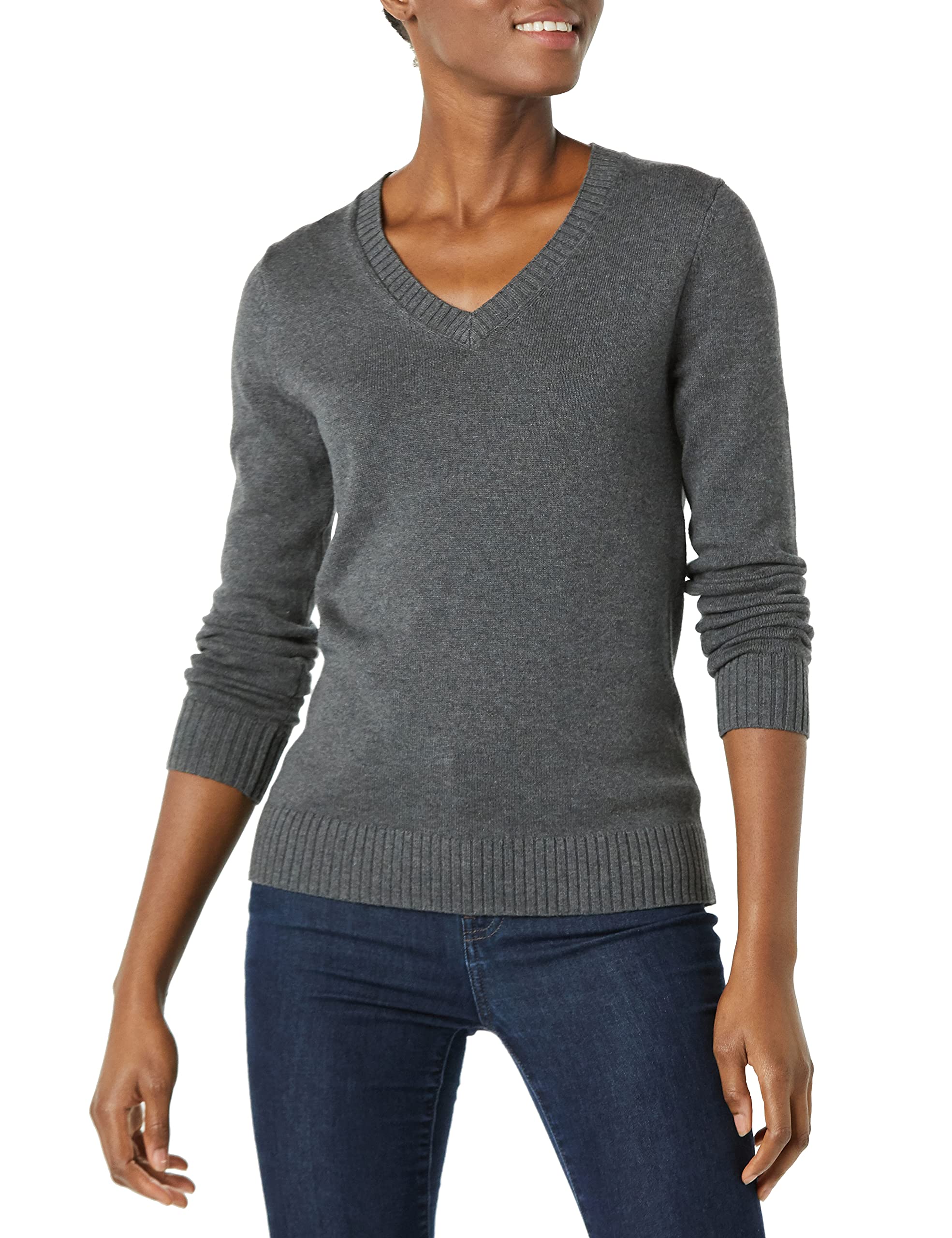 Photo 1 of Amazon Essentials Women's 100% Cotton Long-Sleeve V-Neck Sweater X-Large Charcoal Heather
