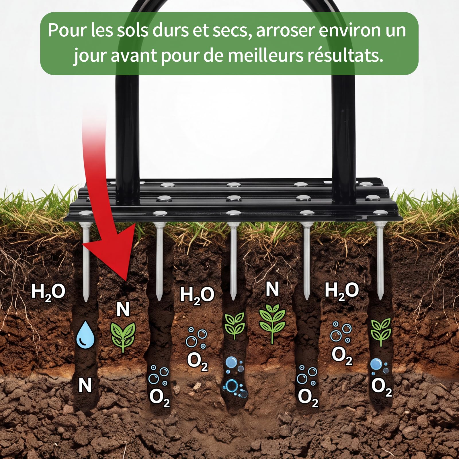 EYMPEU Aérateur de Gazon 15 Pointes Acier, 2-en-1 avec 6 Ressorts, Manuel, 3 hauteurs, pour Petites et Moyennes pelouses.