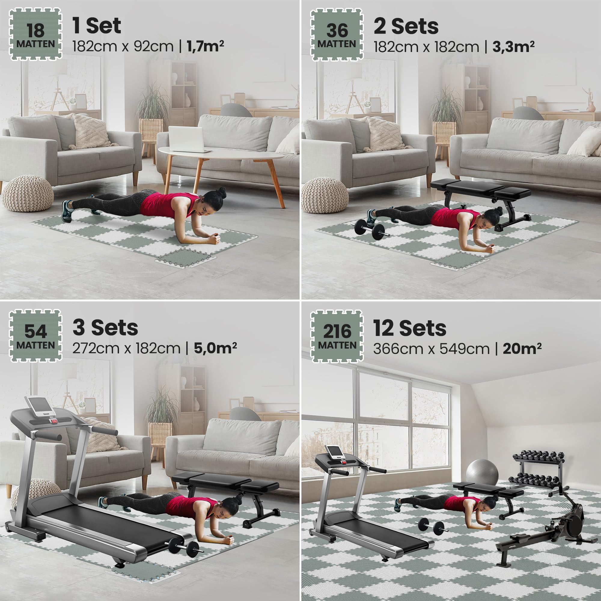 bemaxx Bodenschutzmatte Spielmatte Turnmatte Fallschutzmatte Schaumstoffmatte Yogamatte Gymnastikmatte Sportmatte Fitnessmatte Trainingsmatte Poolmatte Bodenmatte - 54 Puzzlematten, Sage Grey Duo