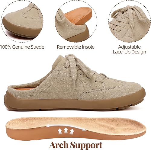 Miniatura 2 de UBFEN Pantuflas de piel de ante con soporte de arco para mujer, cómodas, para interiores y exteriores, con cordones