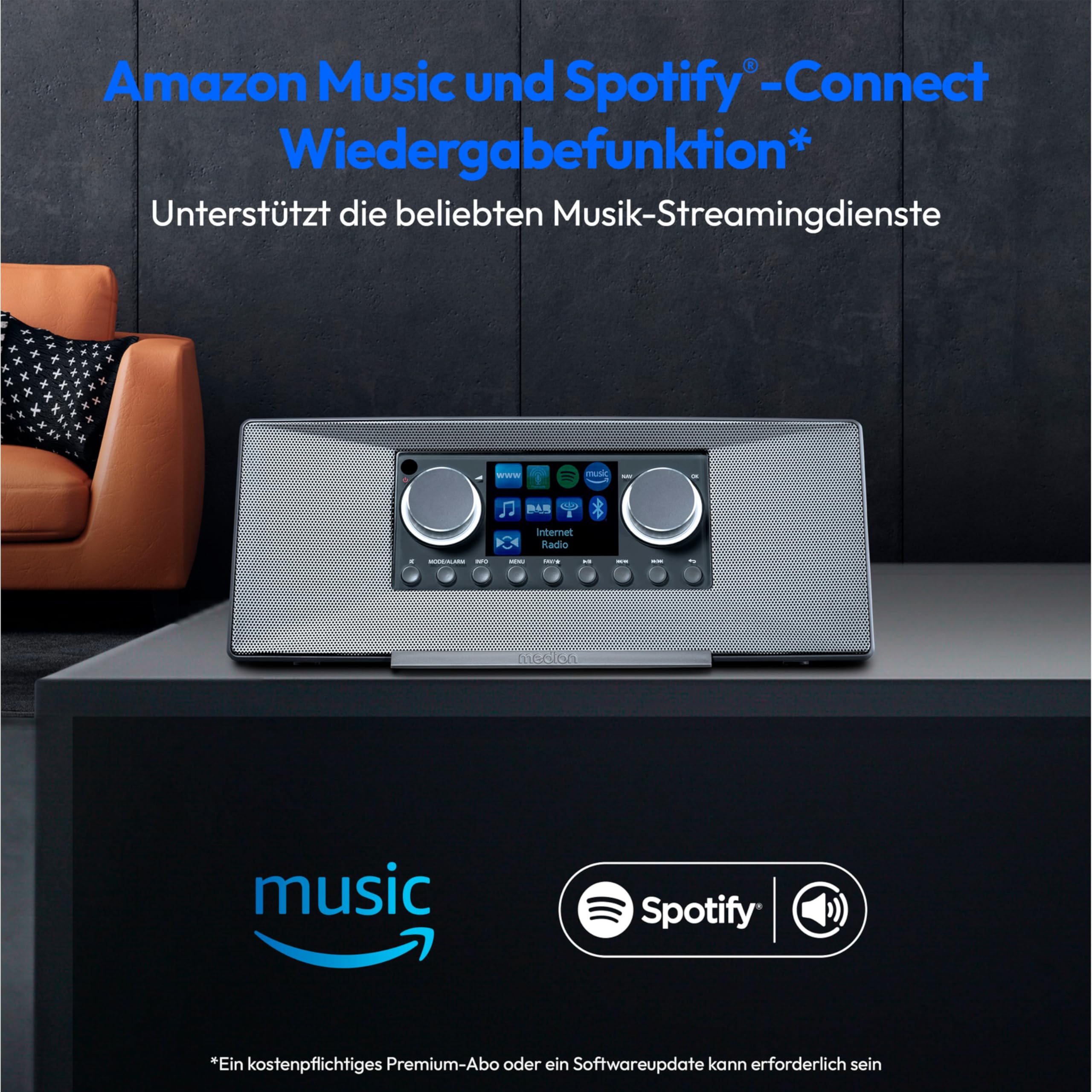 MEDION P85333 Internetradio mit DAB+ (WLAN, UKW, Spotify Connect, Amazon Music, DLNA, USB, Kopfhörer-Anschluss, AUX, Stereo Line-Out Cinch, Sleep Timer) grau