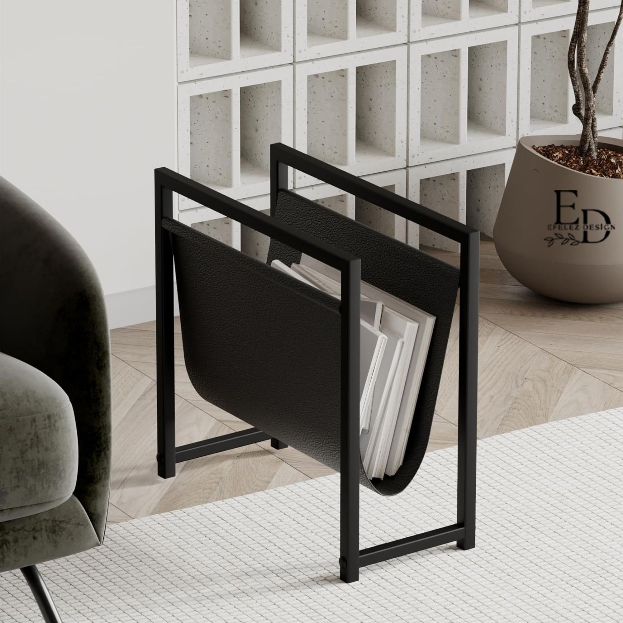 EMIDECO Revistero de metal negro con cuero organizador de revistas moderno soporte para periódicos y libros