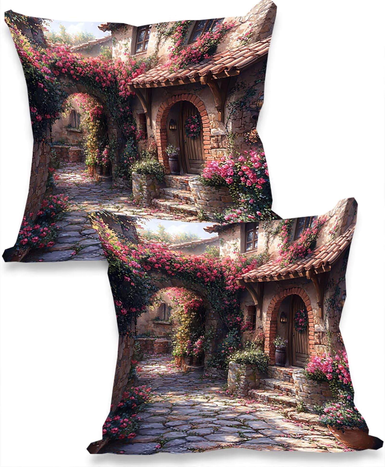 Garten Samt Kissenbezug 60 x 60 cm 2er Set Kissenhülle Sofakissen Samtkissen Dekorative Dekokissen Couchkissen Zierkissen Quadrat Wurfkissenbezug Verstecktem Reißverschluss Wohnzimmer Häuser 0P-363