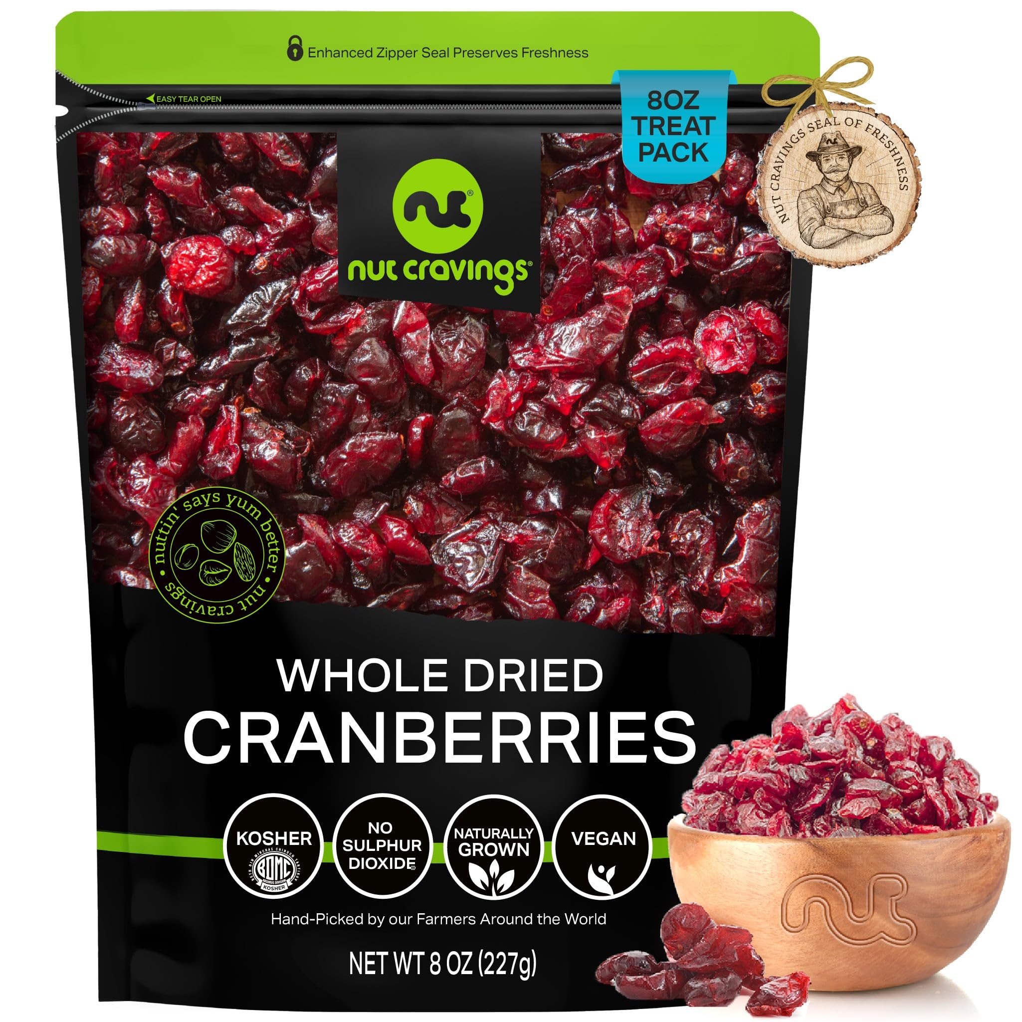 NUT CRAVINGS - Sun Dried Whole Cranberries, Lightly Sweetened, Unsulphured (8oz, 1 Pack) Bulk Dry Fruits Packed Fresh in Resealable Bag - Sweet Healthy Snack, Naturally Grown, Vegan, Kosher