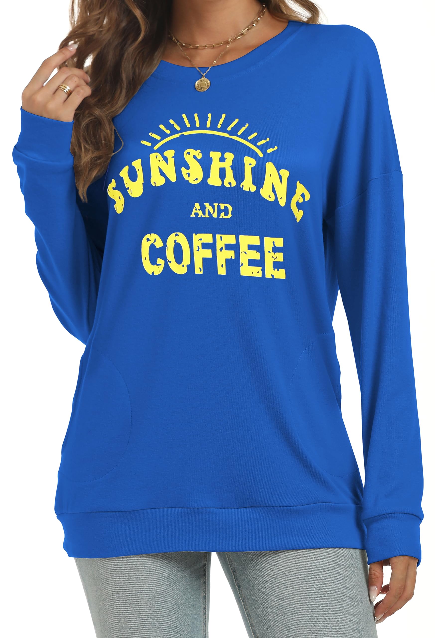 Women Casual Sweatshirt Long Sleeve Tee Shirts Crew Neck Pullover Tunic Tops Blouses with Pockets