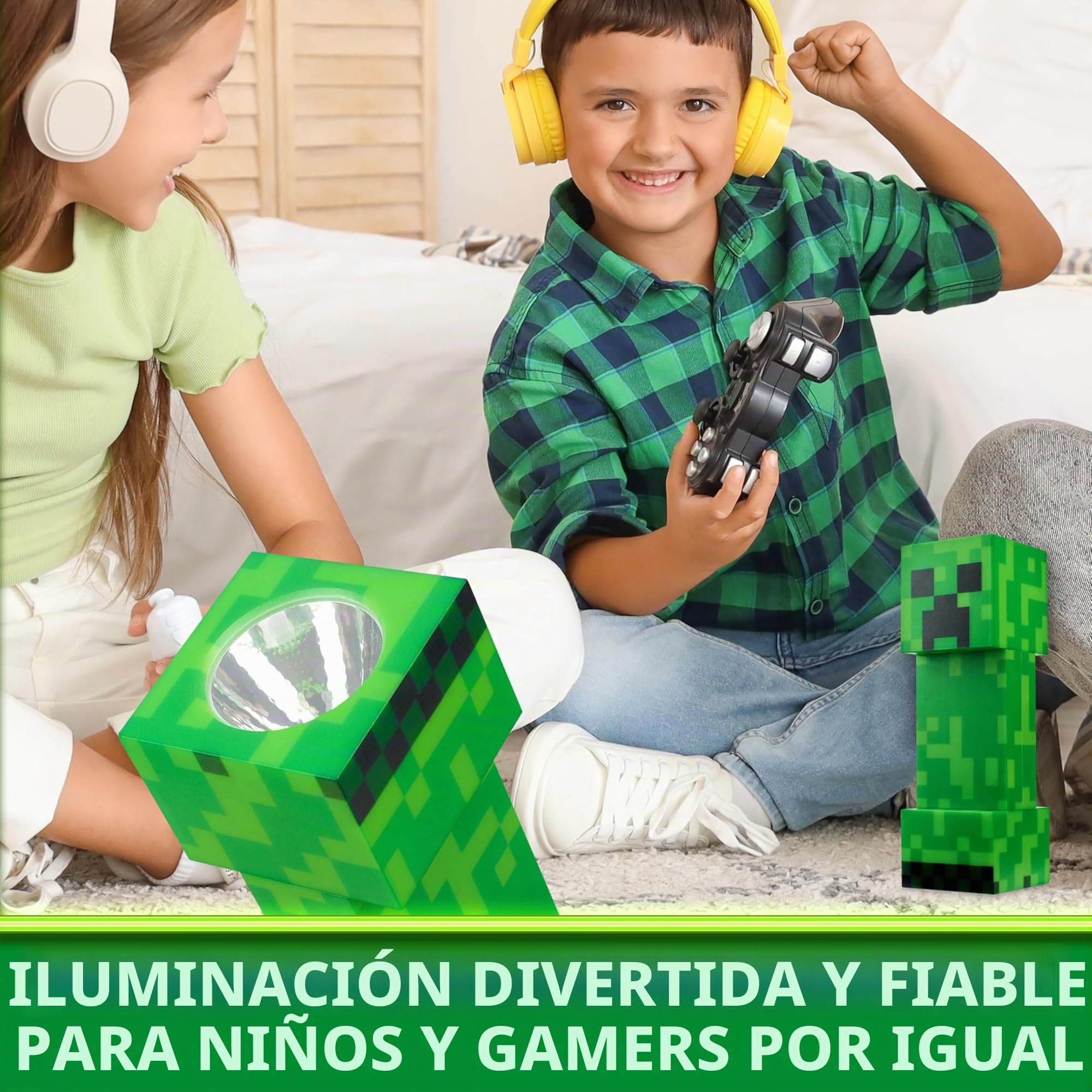 Minecraft Linterna Infantil Creeper, Luz LED 2 en 1, Luz Nocturna y Antorcha USB o Pilas, Decoración Gamer, Regalo para Niños