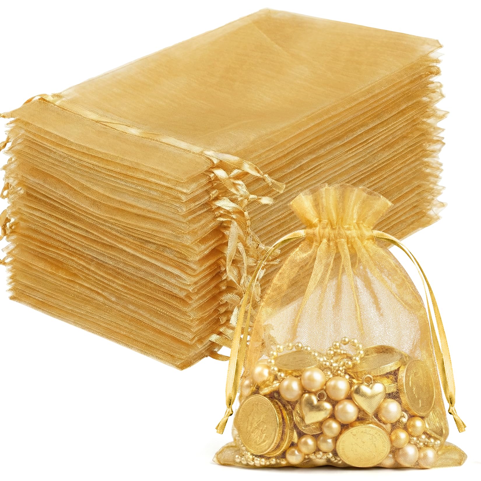 FUNFERY 100 Pcs Gold Organza Bags - 3x4 in, Small Mesh Drawstring Gift Bags for Sachet, Jewelry, Candy, Wedding Favor, Easter Day