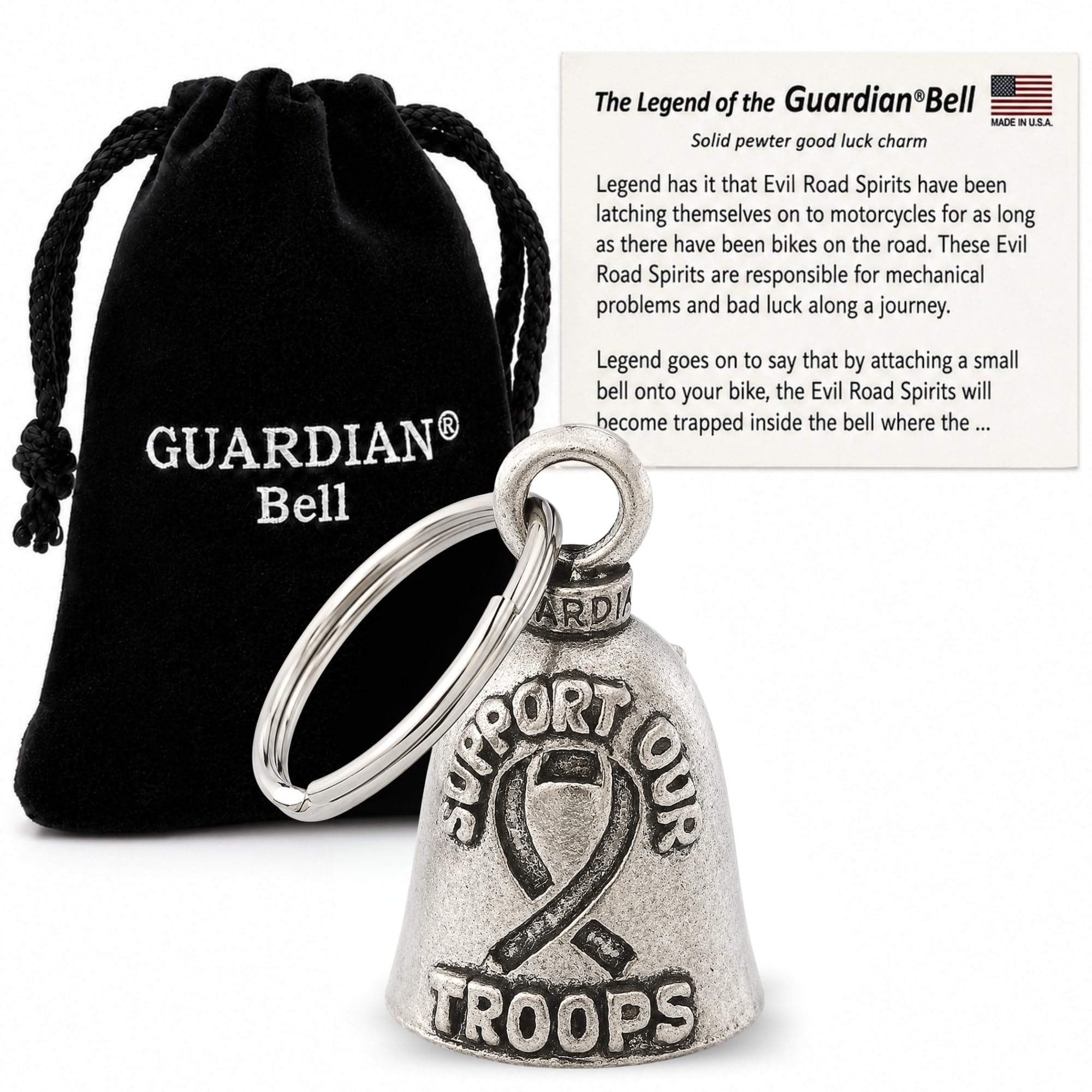 Guardian Bell Support Our Troops Good Luck Bell w/Keyring &amp; Black Velvet Gift Bag | Motorcycle Bell | Lead-Free Pewter | Made in USA