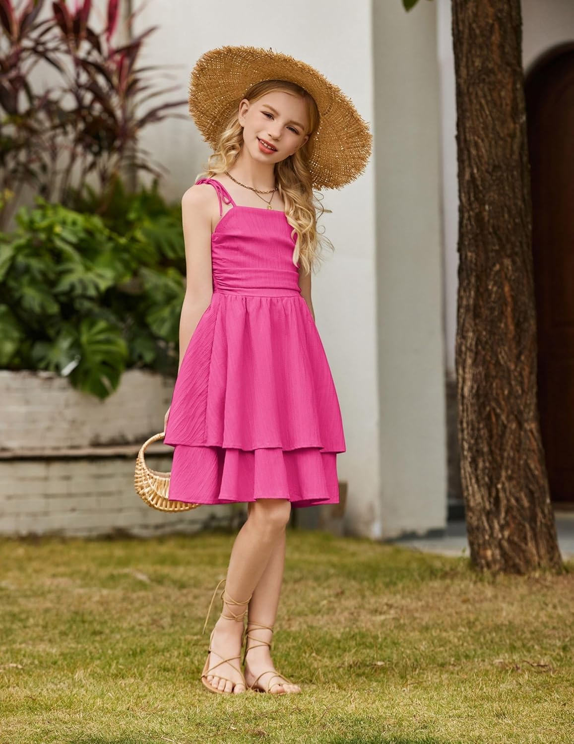 Arshiner Girls Summer Spaghetti Strap Dresses Flowy Tiered Ruched Smocked Back Casual Beach Midi Sundress - Image 2