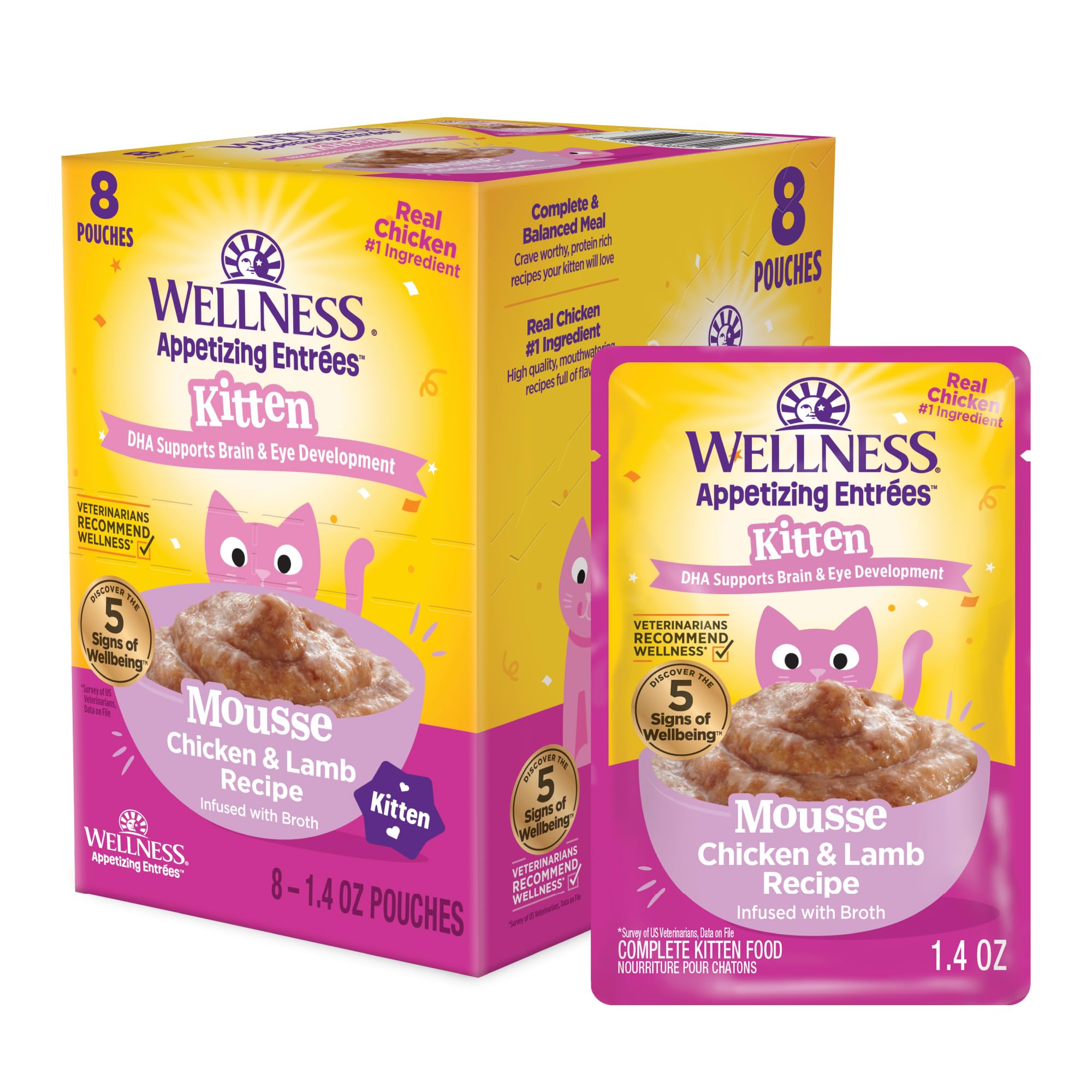 Wellness Appetizing Entrées Mousse Kitten Wet Cat Food, Natural, Protein Rich, Grain Free, Chicken and Lamb Recipe, 1.4 oz, Pack of 8 Pouches