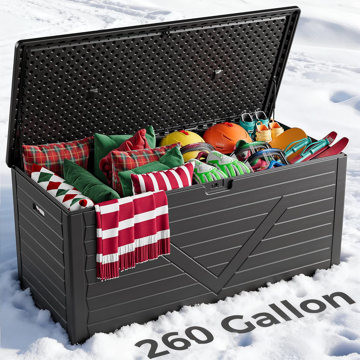 260 Gallon Outdoor Storage Box, Lockable Resin Deck Box for Patio Cushions, Throw Pillows, Garden Tools, Weatherproof Large Outdoor Storage Bench for Yard, Porch, or Balcony