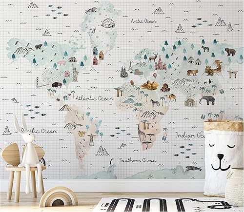 Murwall Kids Wallpaper Soft World Map Wall Mural Little Animals and Famous Landmarks Wall Print Childroom Play Room