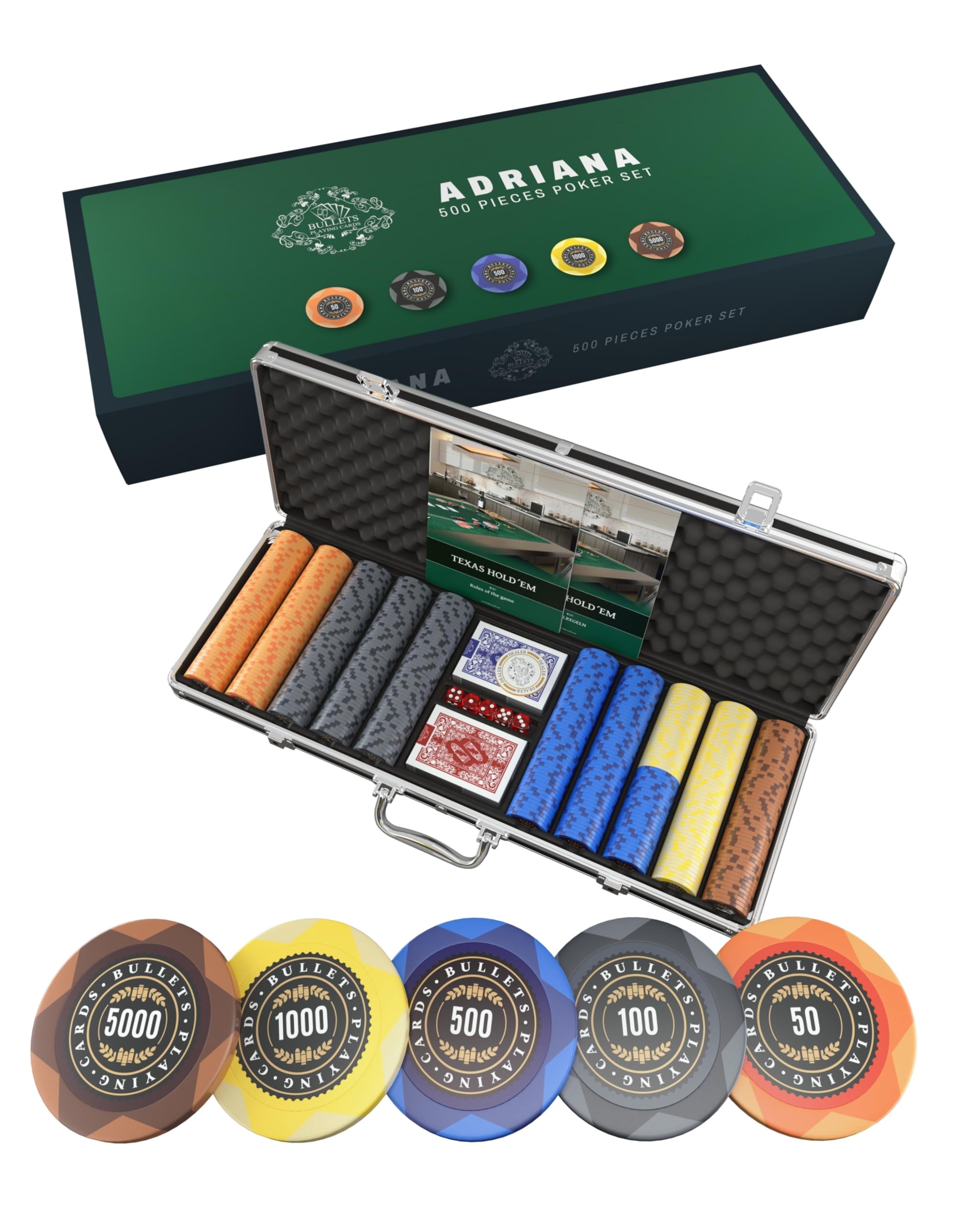 Bullets Playing Cards, Zestaw pokerowy Adriana, walizka pokerowa z 500 żetonami Clay z wartościami, w zestawie ceramiczny przycisk dealera i karty do pokera