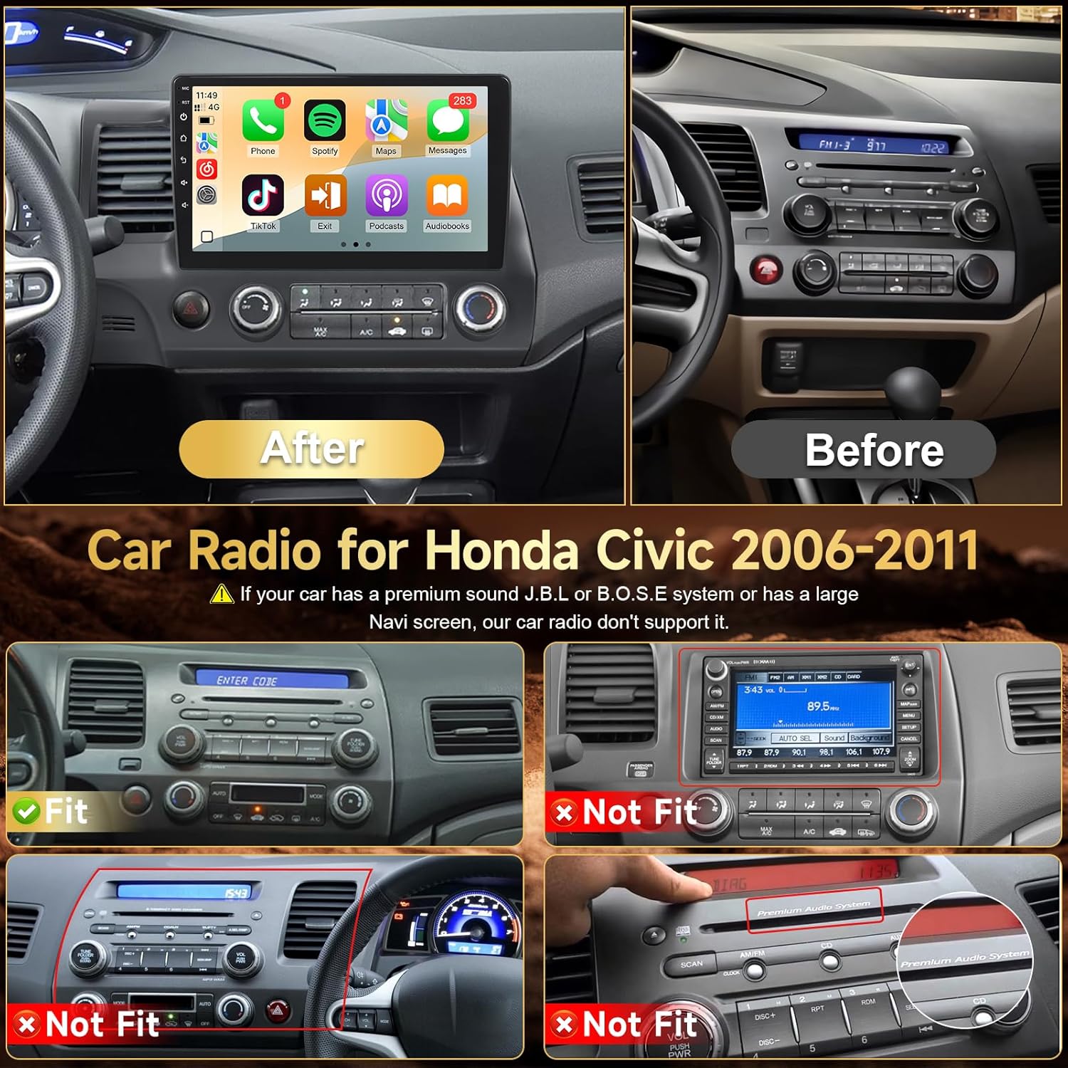 Naifay 4G+64G Android 13 Car Stereo for Honda Civic 2006 2007 2008 2009 2010 2011 Radio Upgrade, 10.1Inch Touch Screen for Civic with CarPlay Android Auto Bluetooth/GPS/WiFi/SWC