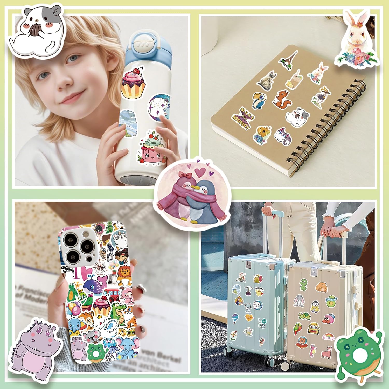 VERKSTAD Christmas 200 PCS Water Bottle Stickers for Kids,Waterproof Vinyl Animal Stickers for Children,Skateboard,Laptop Sticker for Girls Boys Classroom Prizes