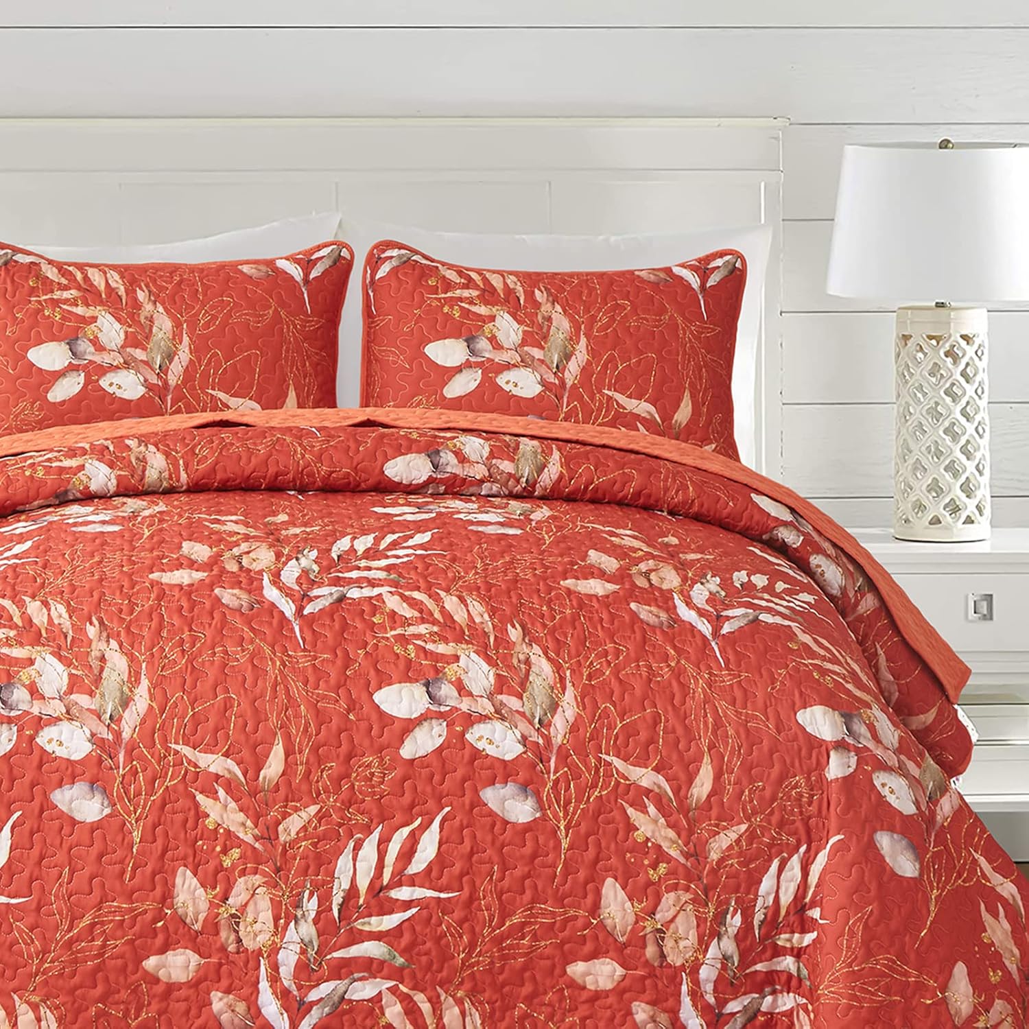 Burnt Orange Quilt Sets Queen Size,3 Pieces Floral Queen Quilt Set Terracotta Leaf Quilt Soft Bedspread Queen Size Bedding Set for All-Season (96"x90")