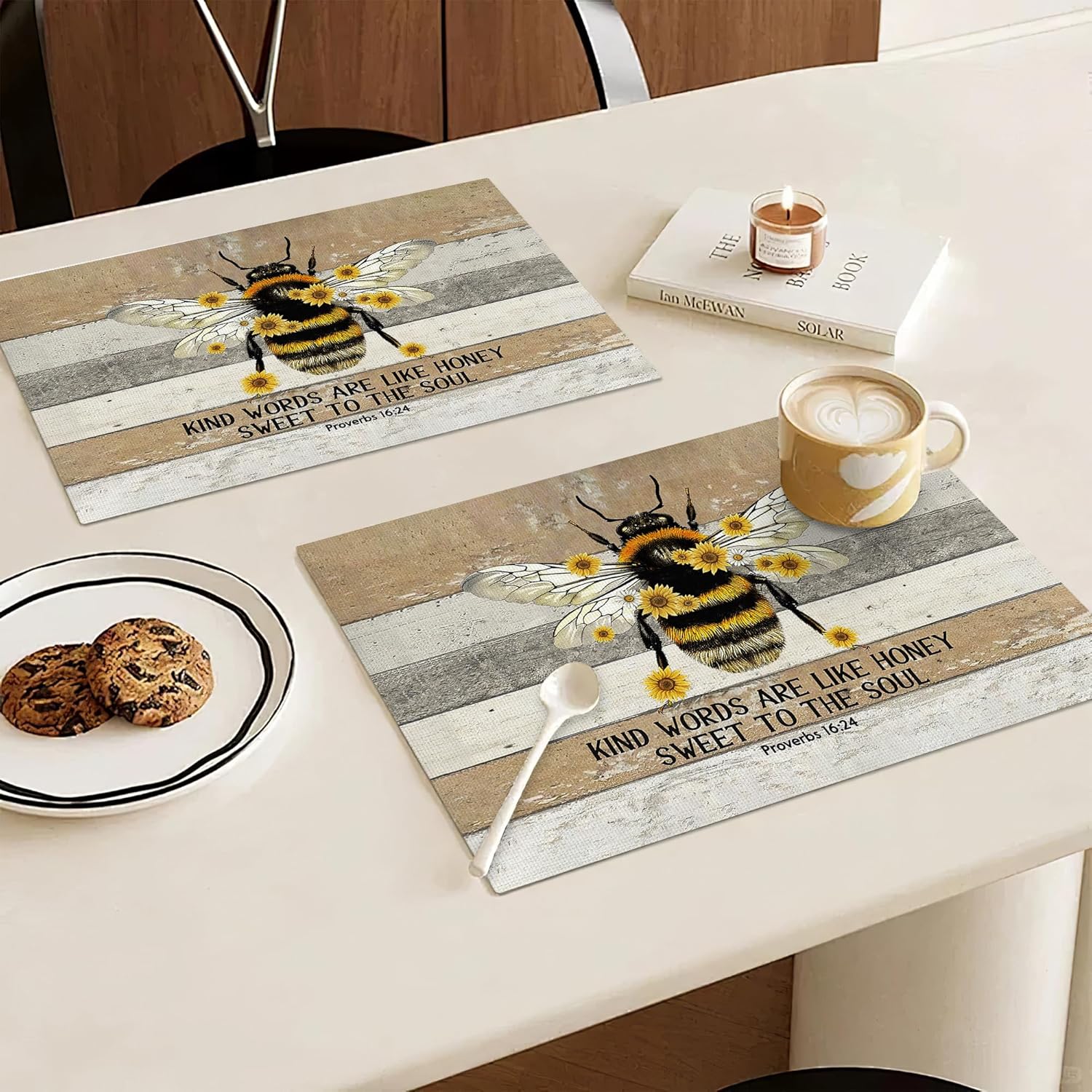 Bee Placemats Set of 6 Honey Bees Sunflowers Table Mats Washable Place Mats for Home Party Indoor Kitchen Dining Table Decoration 12x18 Inch