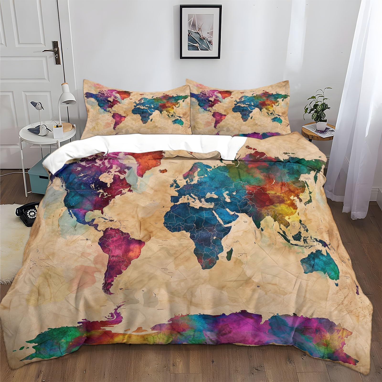 Housse de couette 220x240 carte du monde vintage en microfibres avec 2 taies d'oreiller