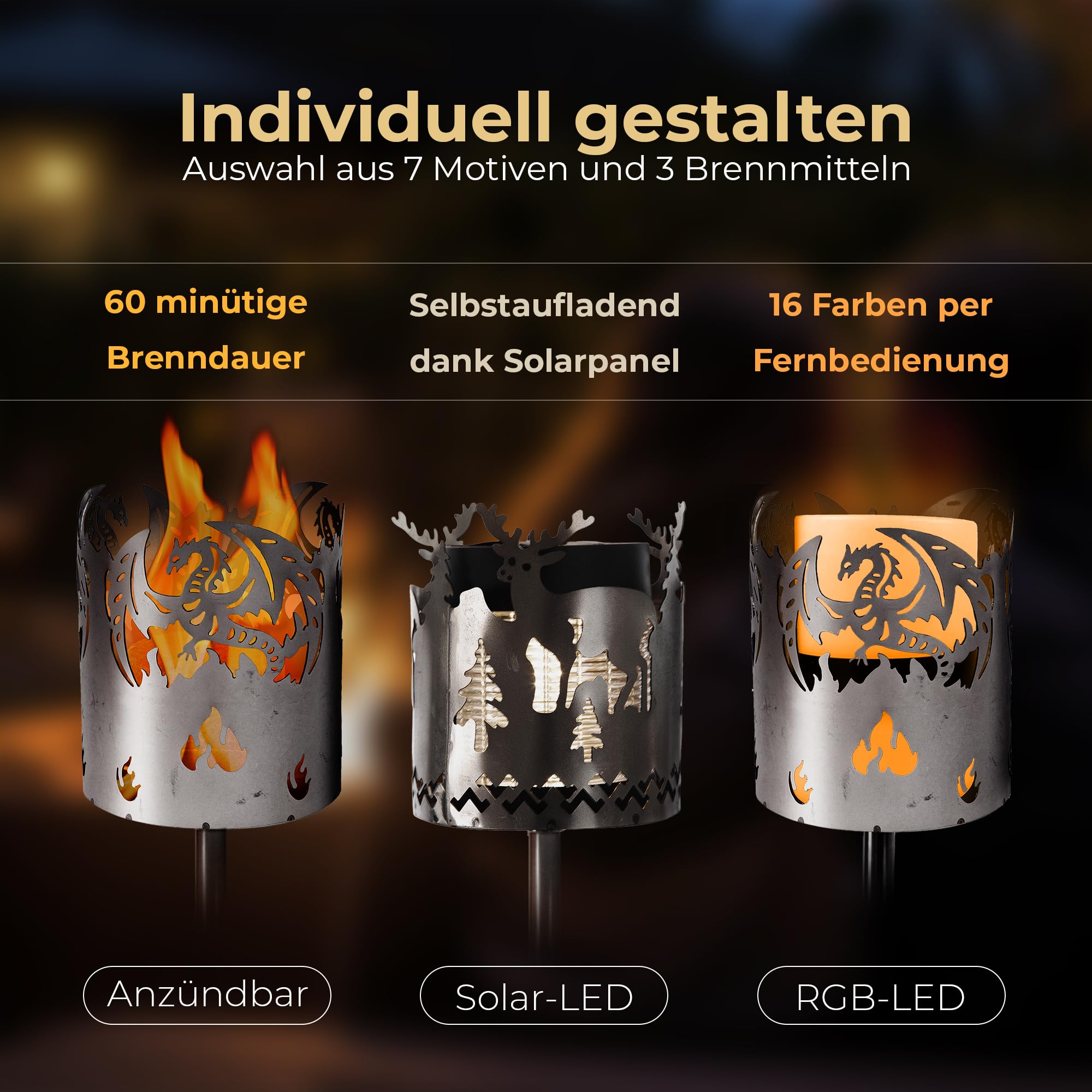 Gartenfackel RGB LED Leuchte Motiv Eule - Rost Lampe Gartenlampe RGB LED Leuchte für draußen Gartenleuchte Fackel Garten