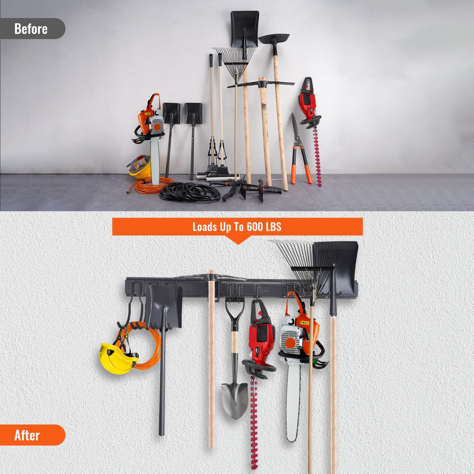 VEVOR Support Mural d'Outils de Garage, Capacité de Charge Maximale 272 kg, Organisateur de Rangement Jardin avec 10 Crochets Réglables et 4 Rails pour Outils de Jardin, Pelles, Coupe-bordures, Tuyaux
