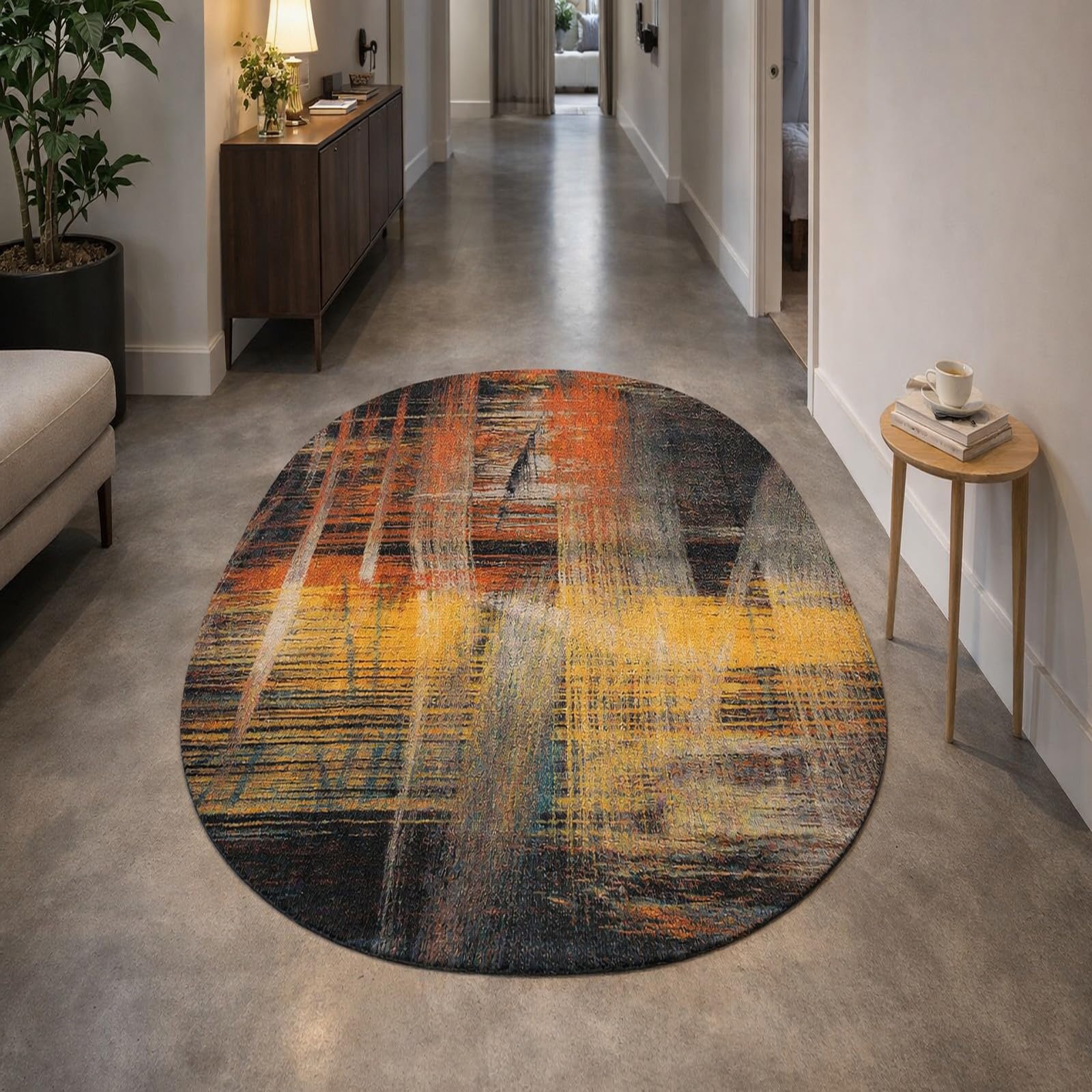 Tapis ovale salon abstrait rouge orange 100x180 cm pour attenuer les bruits de chaises et decorer