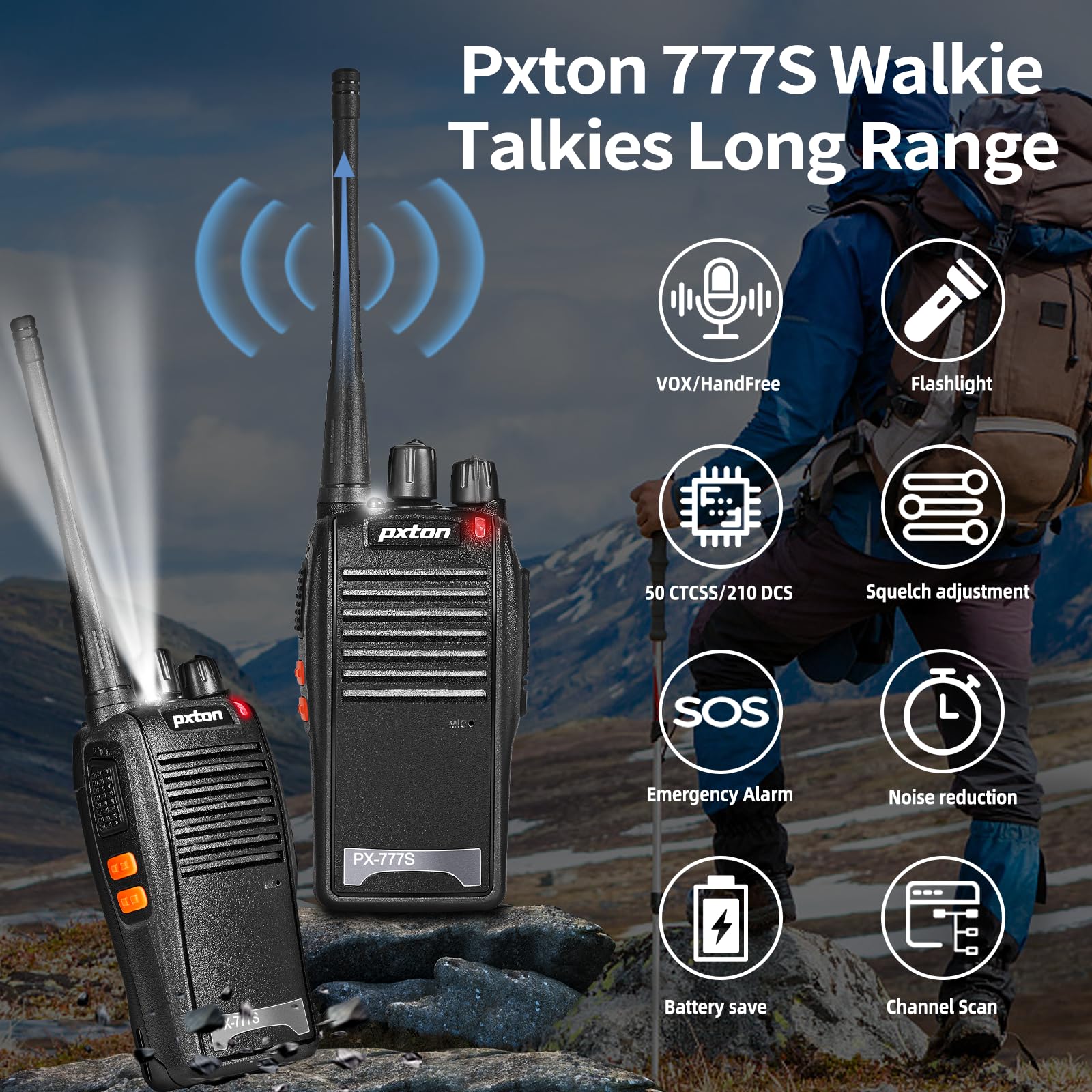pxton 777S Rechargeable walkie talkies Long Range for Adults with Earpieces and Li-ion Battery,Two Way radios has VOX/TOT/Emergency Alarm/Battery Low Alert/Flashlight/Scan Function?6 Pack?