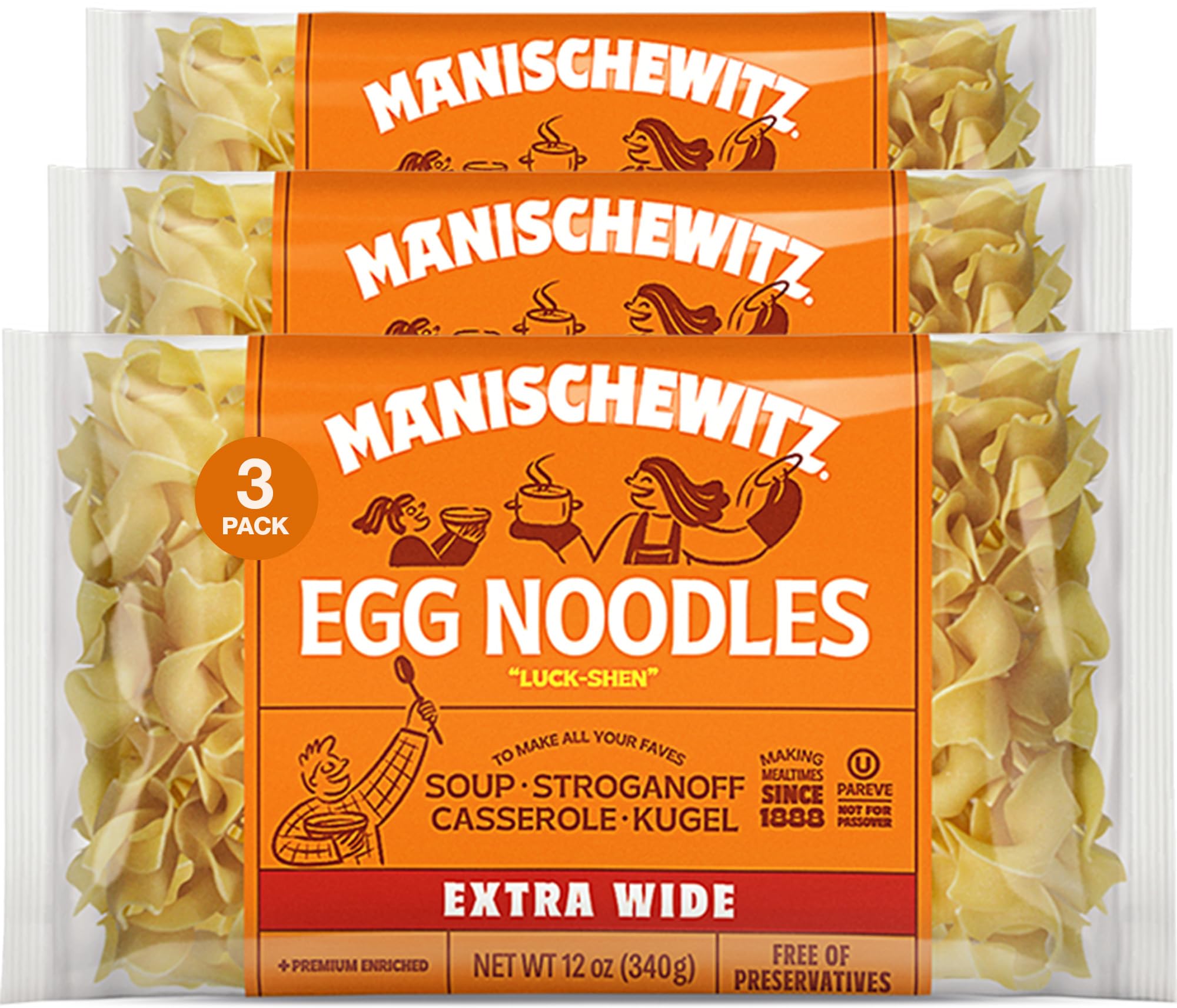 Manischewitz Traditional Extra Wide Egg Noodles 12oz (3 Pack), Homestyle Taste & Texture, Premium Enriched, Low Sodium, No Preservatives