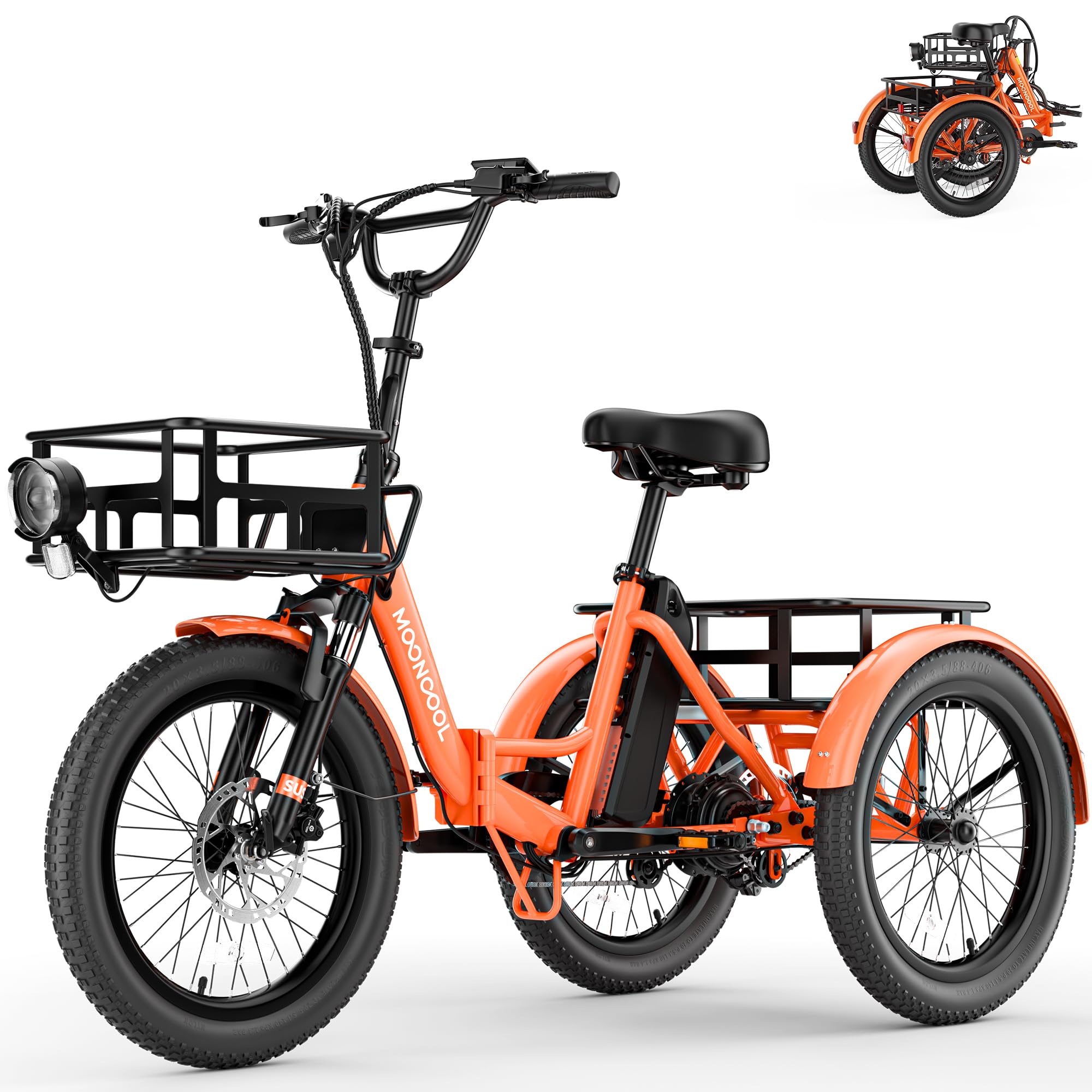 MOONCOOL E Bike Dreirad Klapprad, 20" Elektrofahrräder für Herren Damen, 36V 20AH Akku, 250W Motor 45 Nm, LCD-Display, IP65 Wasserdicht, 3 Fahrmodi, mit Großen Körben & Fußstützen