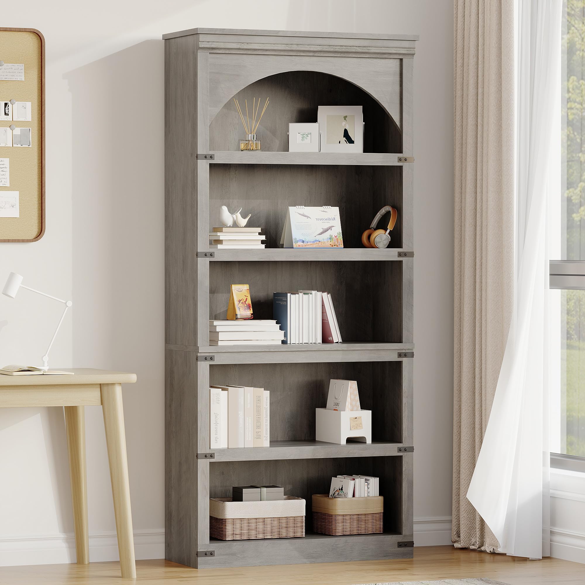 Arched Bookcase 5 Shelf Bookshelf 68.7" Tall Bookcase Farmhouse Curved Storage Rack Wooden Bookshelves for Home Office, Living Room