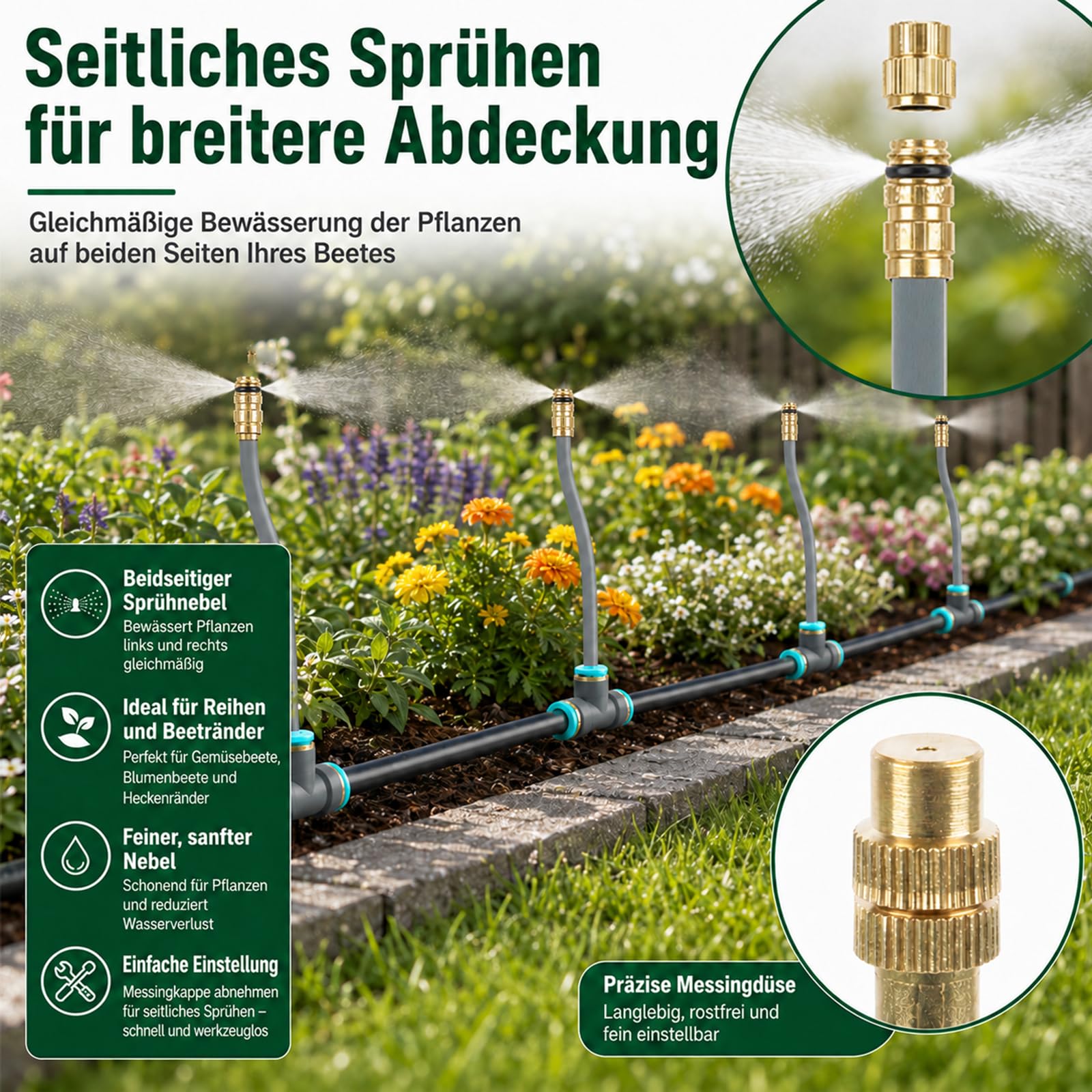 60 m Bewässerungssystem Garten, 32 verstellbare 360° Kupferdüsen, Tropfbewässerungsset mit Schnellanschluss, Sprüh- & Tropffunktion, für Balkon, Gewächshaus, Hochbeet & Rasen
