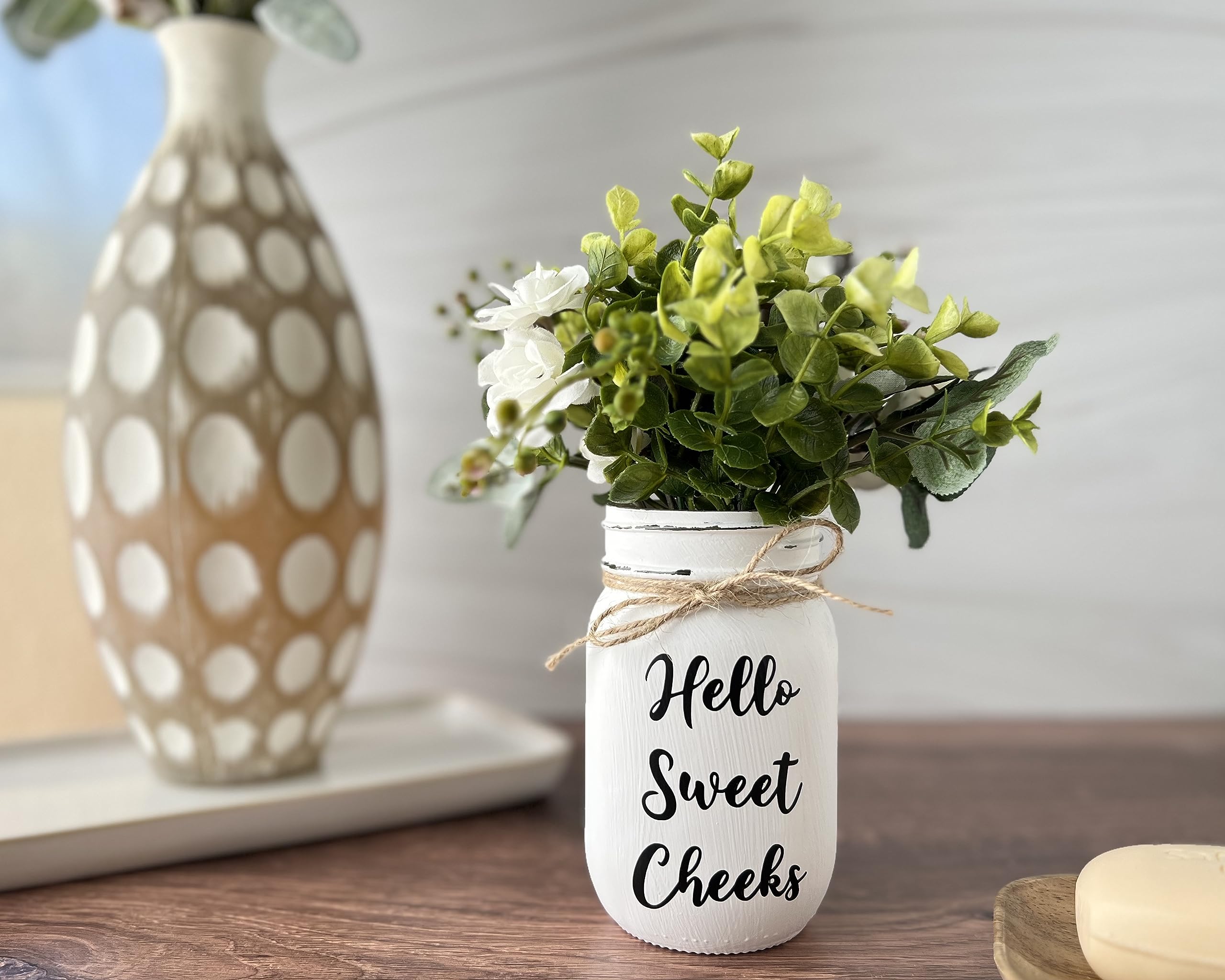 Hello Sweet Cheeks Bathroom Decor, Rustic Farmhouse Bathroom Decor Rustic, Funny Bathroom Decor, Bathroom Shelf Decorations Farmhouse Mason Jar Decor, Flower Arrangement for Bathroom Decoration