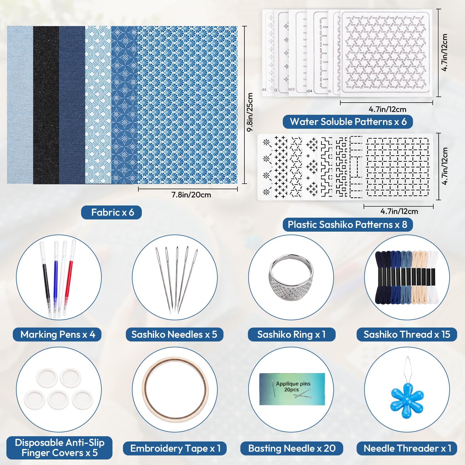 Sashiko Kit para principiantes, suministros de costura de bordado japonés con tela vaquera, dedal, hilo y agujas solubles en agua, perfecto para acolchado y reparación a mano