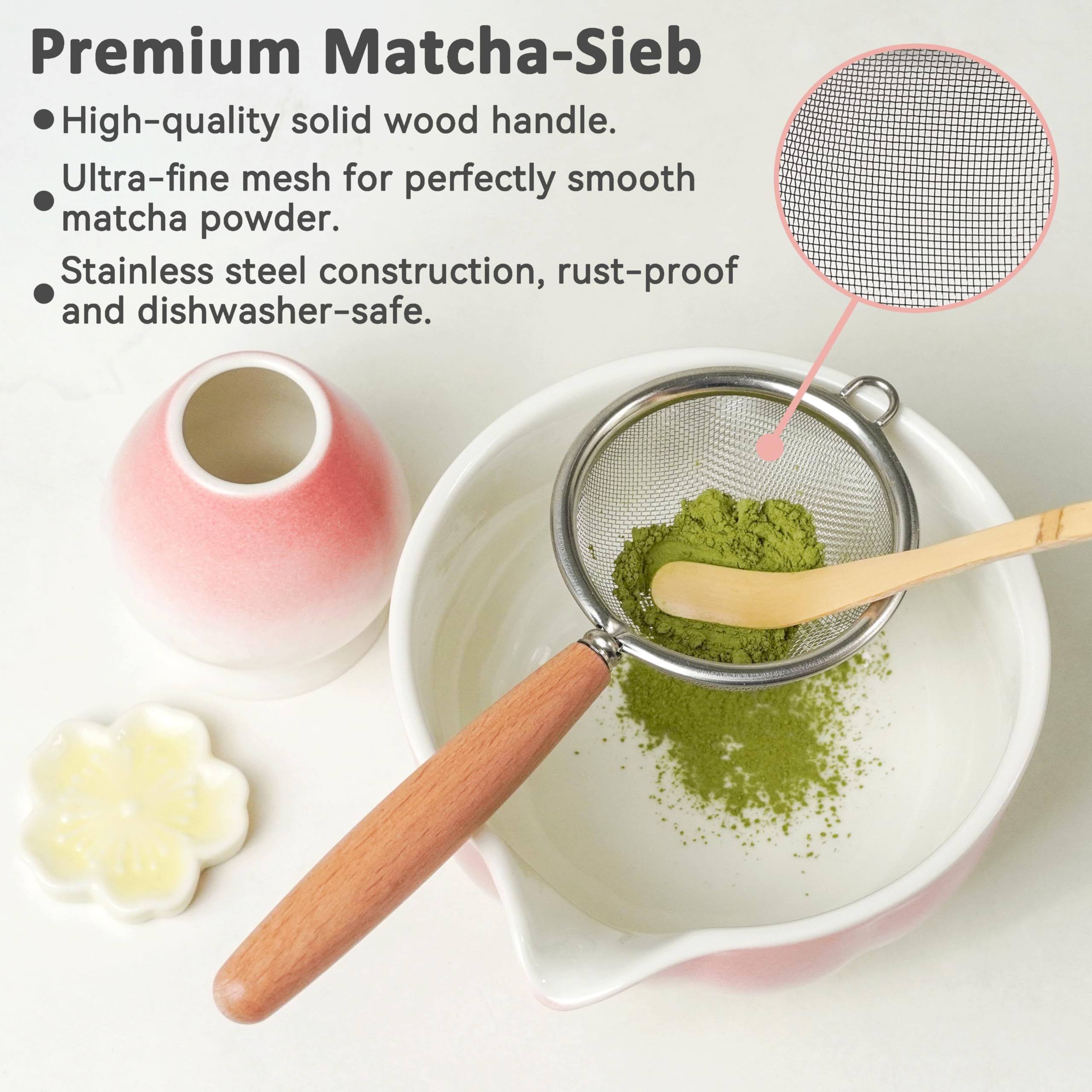 7-częściowy zestaw premium matcha – ekskluzywny zestaw do ceremonii herbaty z bambusowymi chasami (miotła), różowa miska ceramiczna, łyżka i akcesoria, oryginalny prezent do matchy