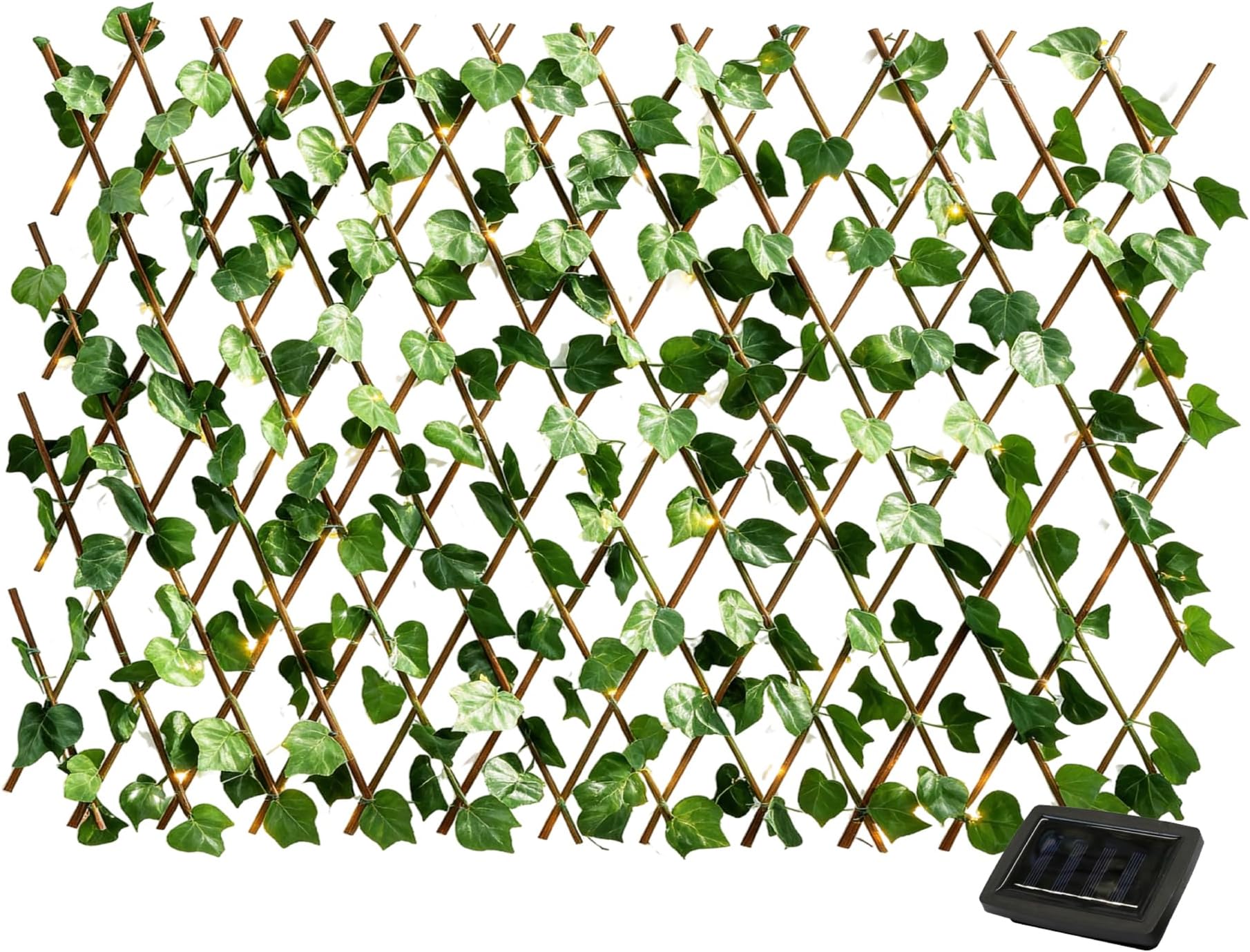 Solar Expandable Garden Trellis with 100 LED Lights, Artificial Leaf Privacy Screen Panel, Outdoor Solar Trellis for Fence, Wall & Garden Screening
