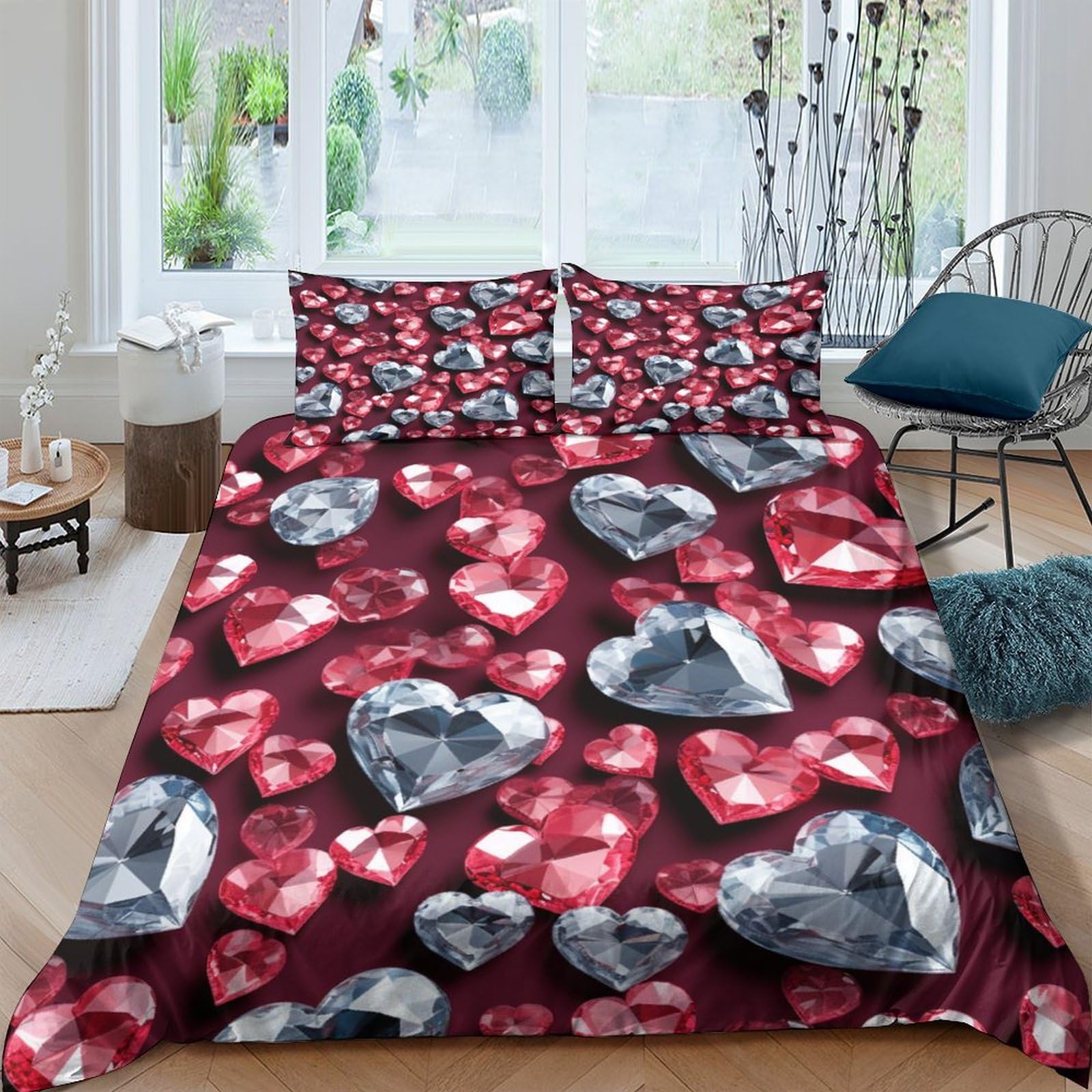 Housse de couette motif cœur en diamant 200x200 avec zip pratique pour lit 2 places
