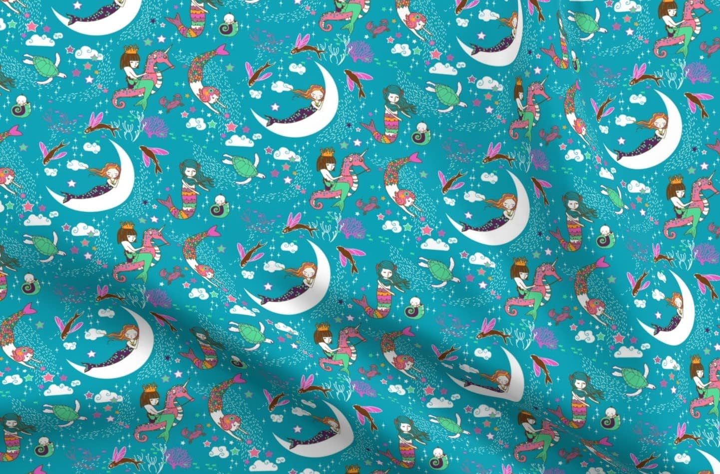 Spoonflower Fabric - Mermaid Lullaby Teal Small Ocean Girl Moon Seahorse Printed on Minky Fabric by The Yard - Sewing Baby Blankets Quilt Backing Plush
