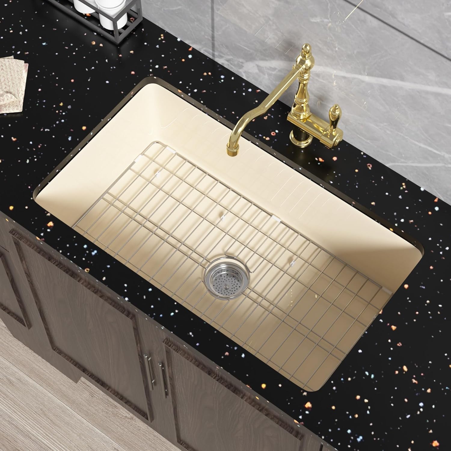 Fireclay Undermount Kitchen Sink 32 Inch - Single Bowl Topmount Drop In Deep Sink 32"x19"x10", Dual Mount Heavy Duty, w 2 Custom Accessories, Bone Color, for Kitchen 32"x19"x10" Bone