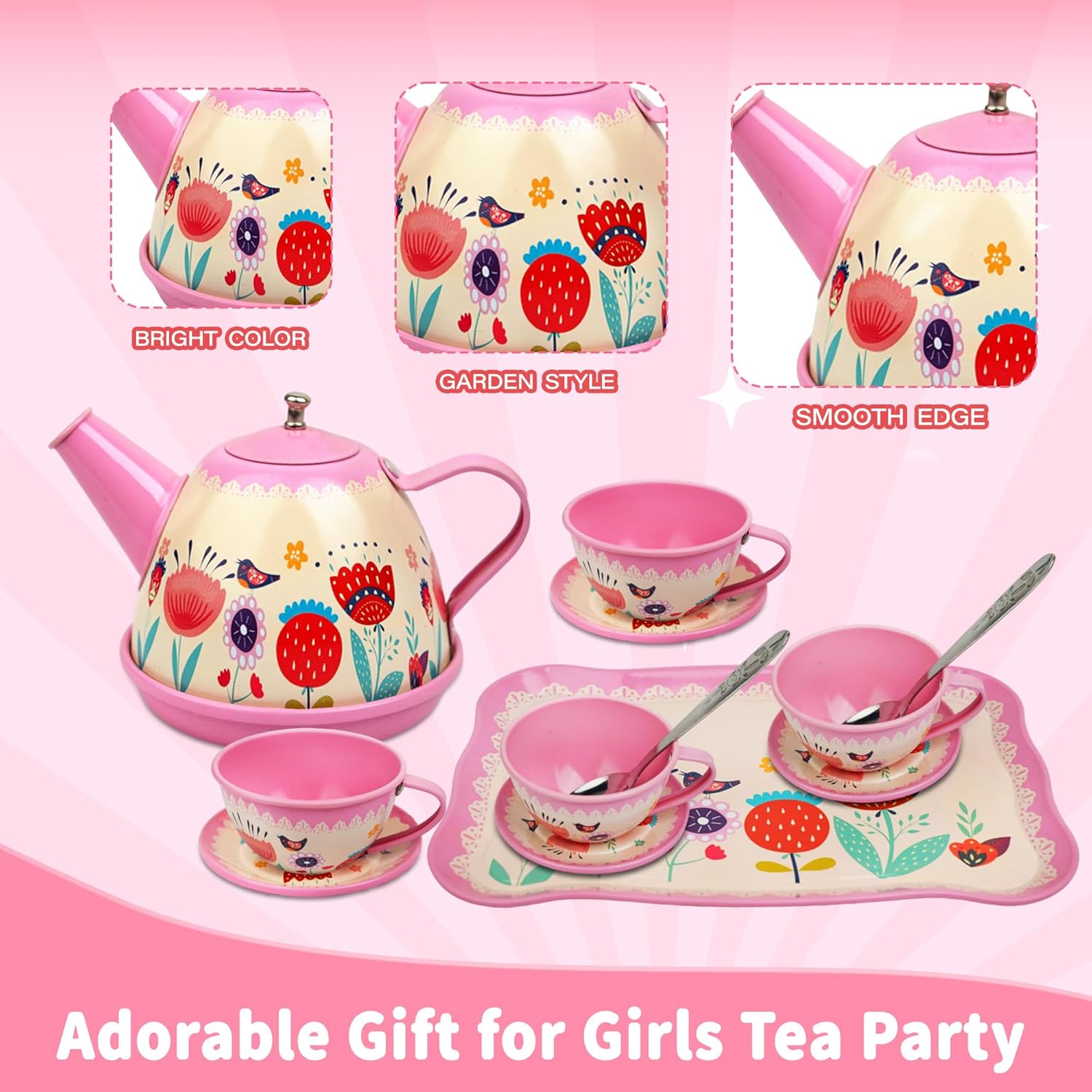 SMILESSKIDDO 46pcs Princess Tea Party Set for Little Girls - Kids Kitchen Pretend Play Toys - Toddler Tea Party Sets for Girls 3-5, Gift for 3 4 5 6 Girl(Garden)