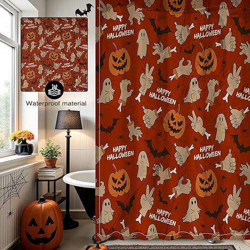Miniatura 4 de Mocsicka Cortina de ducha de Halloween para baño, divertida cortina de ducha espeluznante con 12 ganchos, araña de murciélago de mano rota para