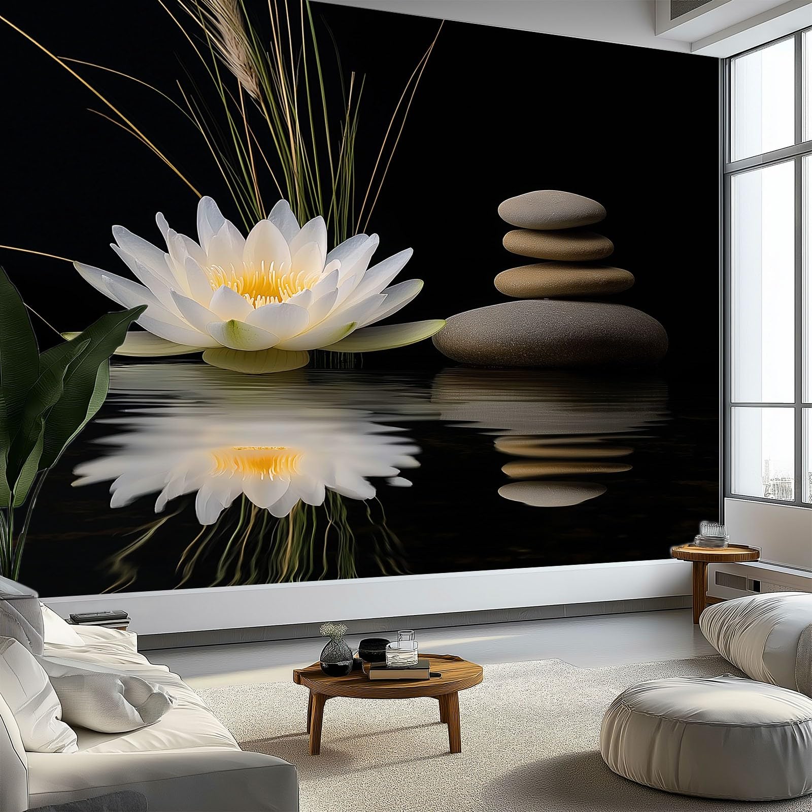 Papier peint galets lotus noir : l'élégance murale haut de gamme