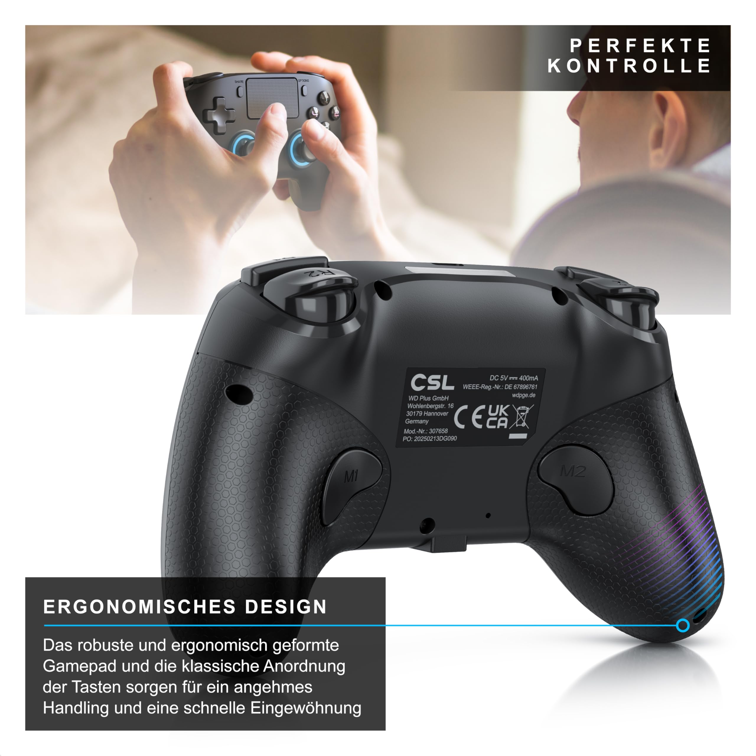 CSL - Wireless Gamepad für PC und PS4 - PC Anschluss - Wireless Controller - Dual Vibration - Headset Ausgang - Turbo Funktion - Touchpad - Share-Taste - M-Taste für freie Belegung
