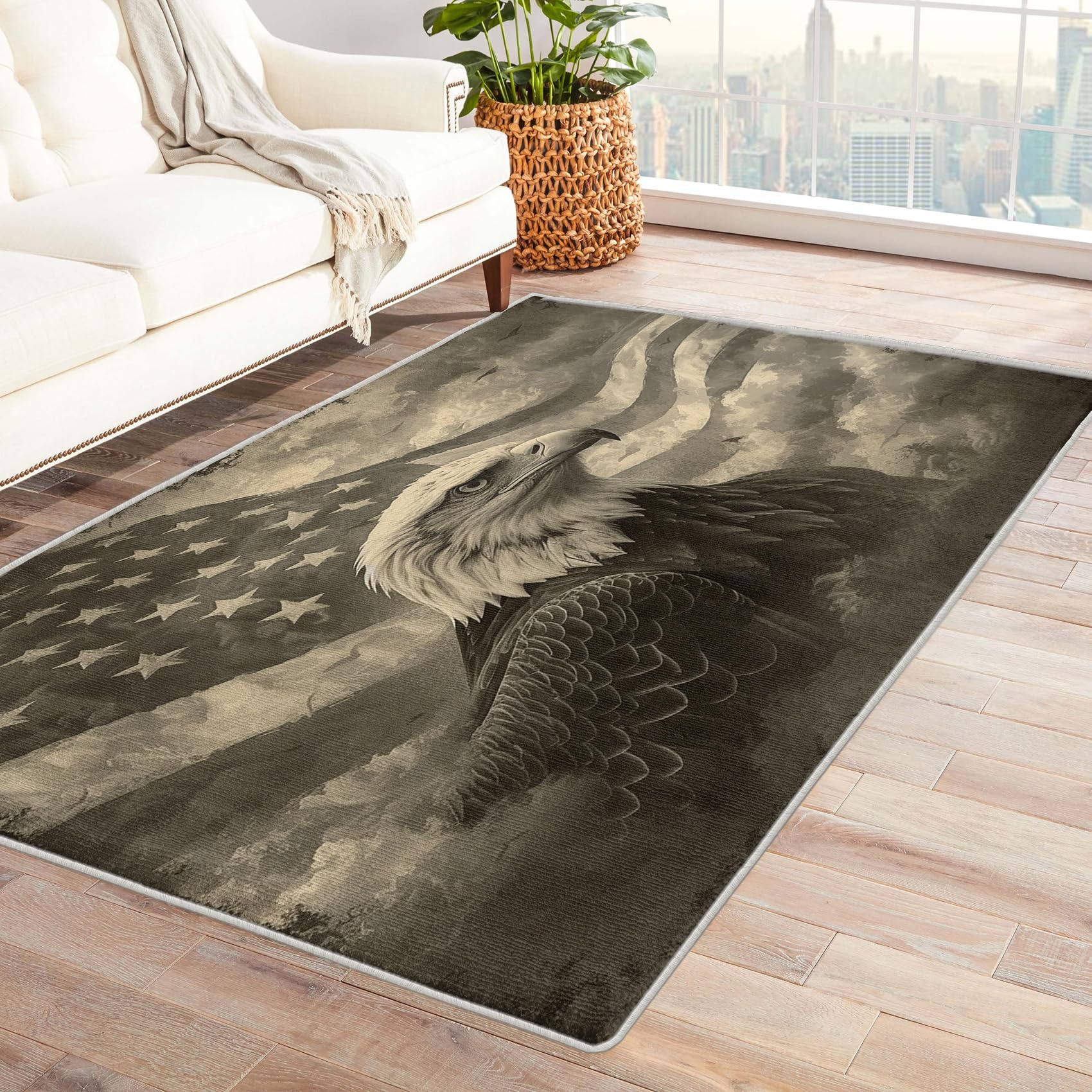 Crizdryn Area Rug 6x8, Eagle Rug, American Flag Carpet, Washable Gray Rugs for Living Room, Bedroom, Dining Room, Office, Non-Slip, Pet-Friendly, 6 x