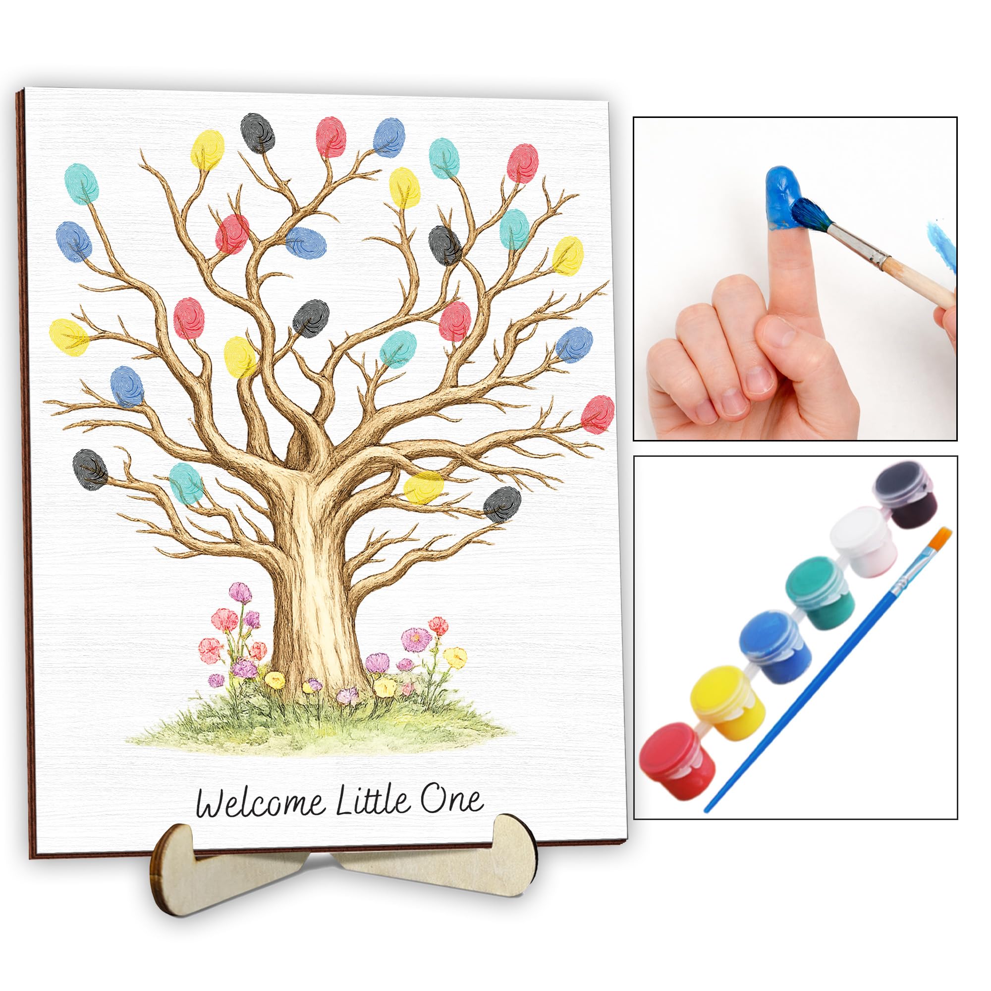 Personalized Fingerprint Art Tree Sign, Baby Shower Guest Books with Paint, Family Craft Keepsake Gift Ideas for Expecting Parents, Gender Reveal Party Decorations, Thumbprint Hanging Painting