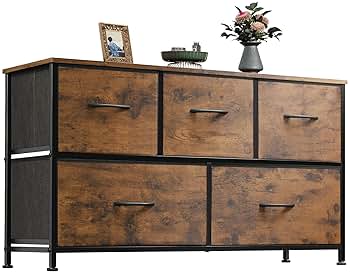 WLIVE Dresser for Bedroom with 5 Drawers, Wide Chest of Drawers, Fabric Dresser, Storage Organizer Unit with Fabric Bins for Closet, Living Room, Hallway, Rustic Brown Wood Grain Print