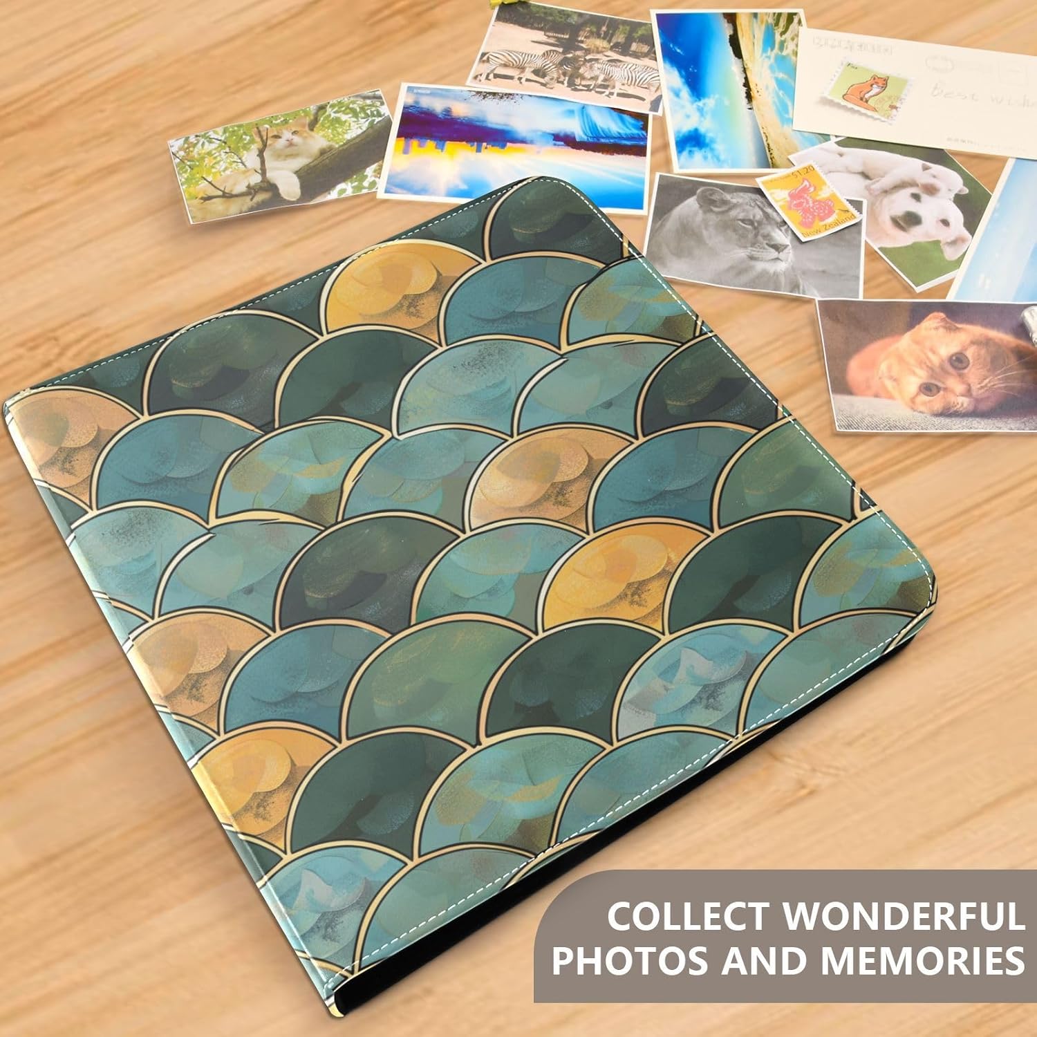 JIPONI Green Scales Pattern Large Photo Album, DIY Leather Cover Scrapbook Albums for 4x6 5x7 6x8 Pictures, Self Adhesive Memory Book for Wedding, Baby, Family